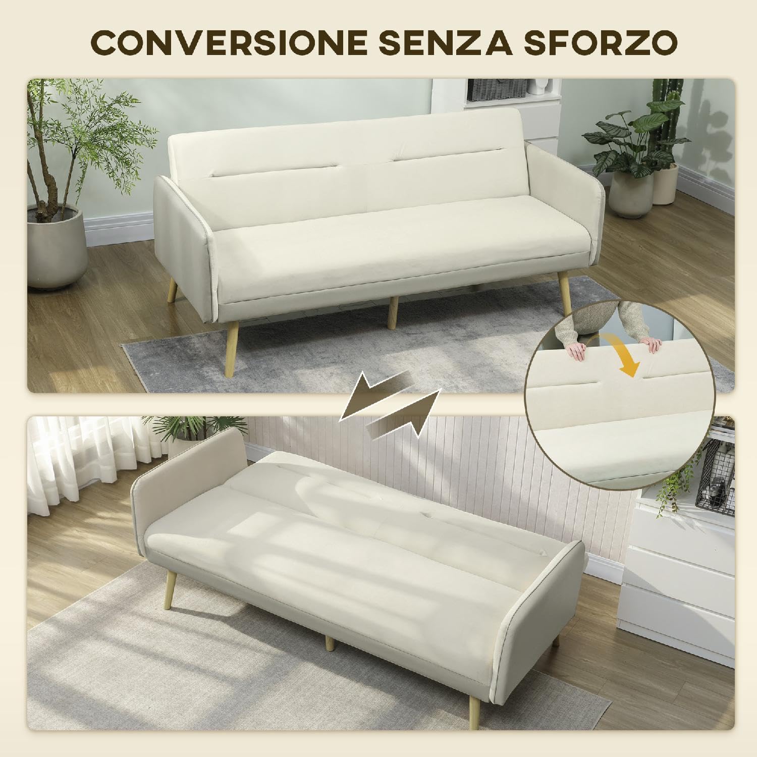 Divano Letto 3 Posti Clic Clac Stile Scandinavo in Tessuto Effetto Velluto 185x84x83 cm Colore Beige