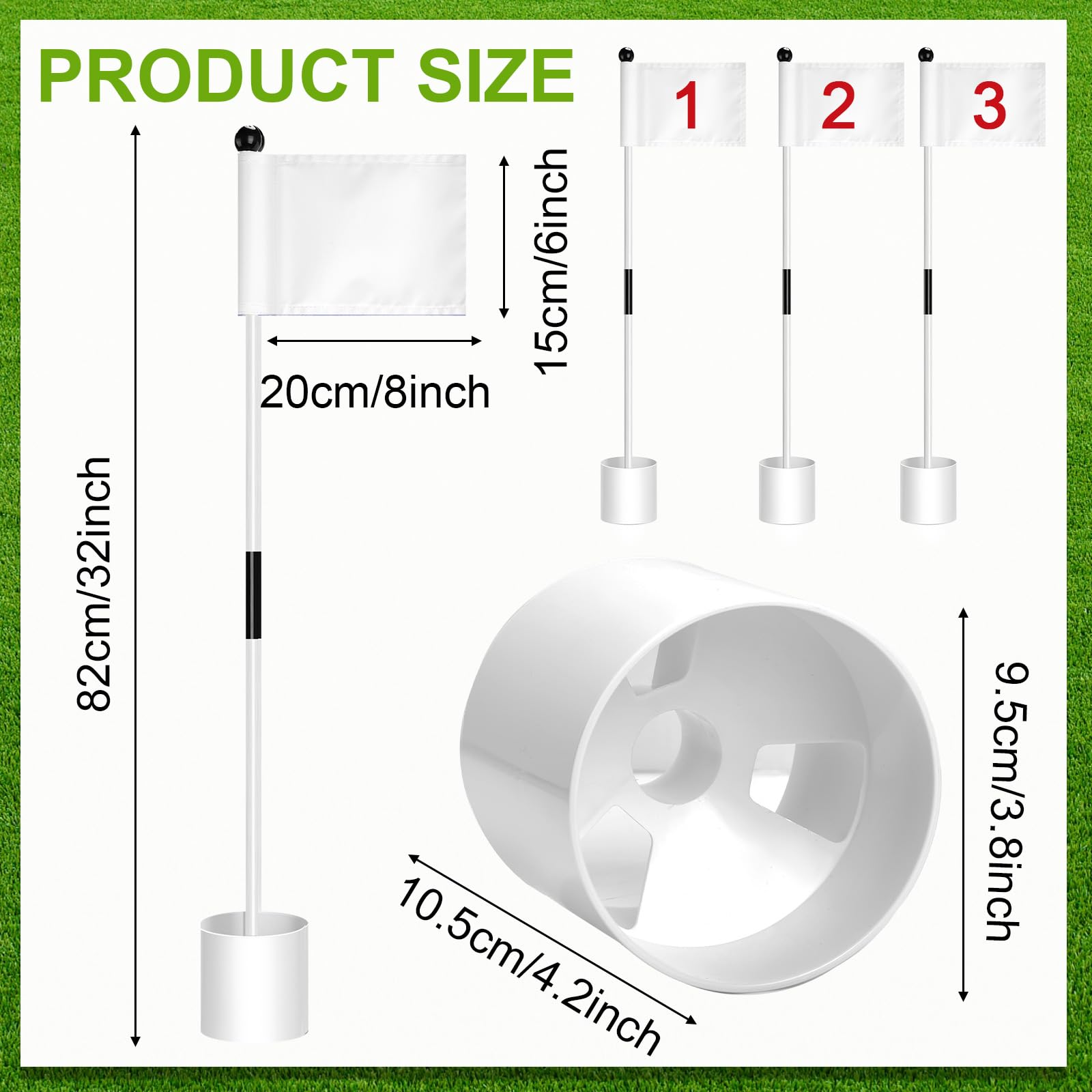 Hungdao Golfflaggenstäbe, Flaggen mit Bechern, grüne Flagge, Golfstangen-Pin, Flaggenmast, Golflochbecher, Nylon, tragbare Mini-Golfflaggenstäbe, 2 Abschnitte für Hof-Golfplatz, gemischt, 3 Stück