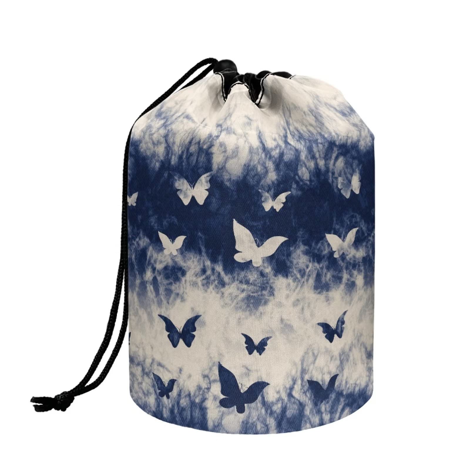 COEQINE Wome Blue Butterfly Pattern Makeup Drawstring Bags with 3 Elastic Bands and 3 Mesh Pockets for Travel