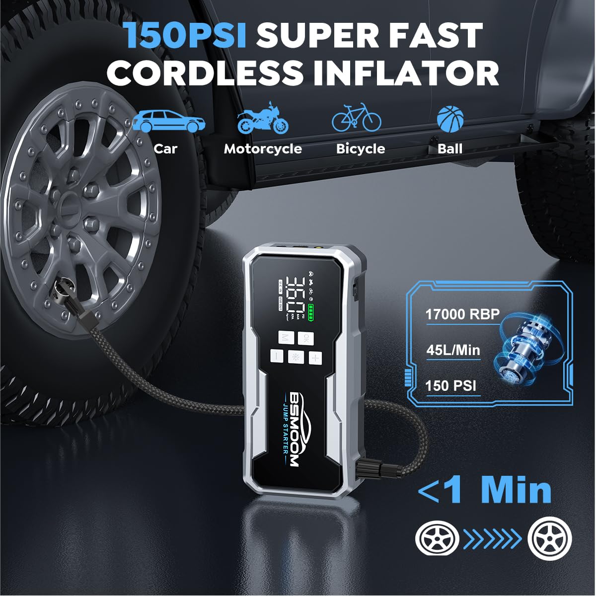 7000A Starthilfe Powerbank für Pkw mit Kompressor, 160PSI Spitzenstrom Starter Powerbank für 12V Fahrzeuge(Bis zu All Benzin/10.0L Diesel), Starthilfe mit 400 Lumen LED Licht und 3.3'' LCD Display