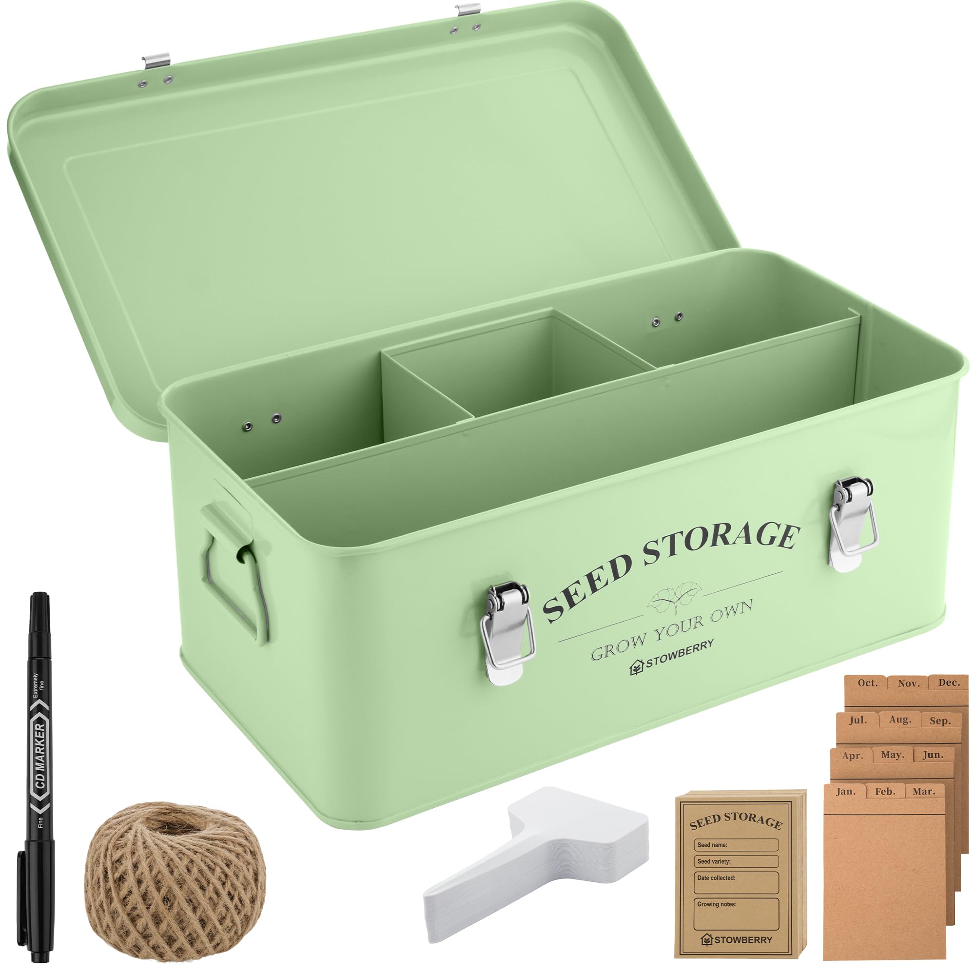 Boîte de Rangement pour Graines – Boîte à Graines Verte avec Couvercle, Poignées, 4 Compartiments – Boîte à Graines pour Jardiniers, Idée Cadeau avec Plus de 100 Accessoires