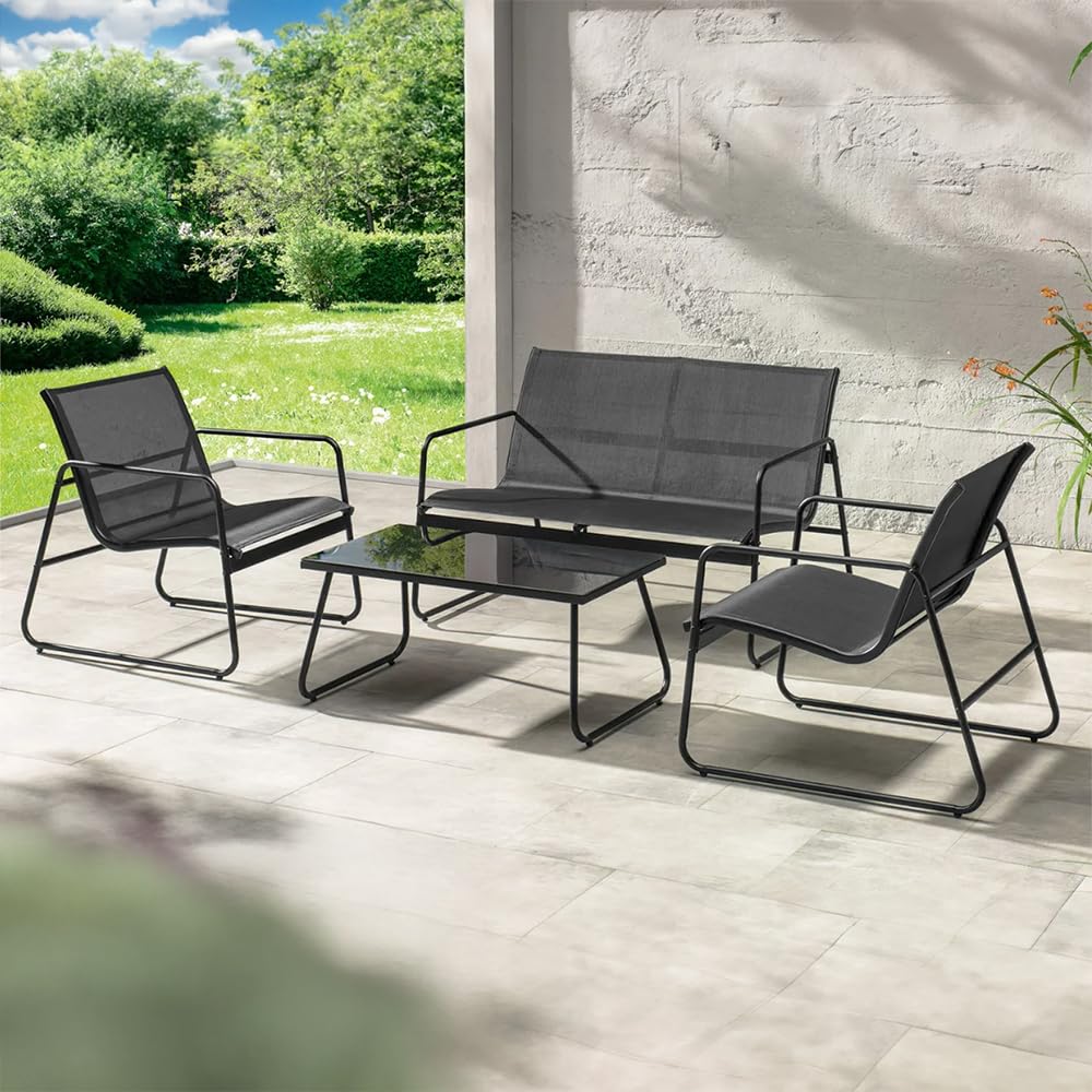 Mediawave Store - Set Giardino Zanzibar NERO 4 Pezzi: Salotto Completo da Esterno con Divano, 2 Poltrone e Tavolino da Caffè, Ideale per Terrazzo, Balcone e Veranda