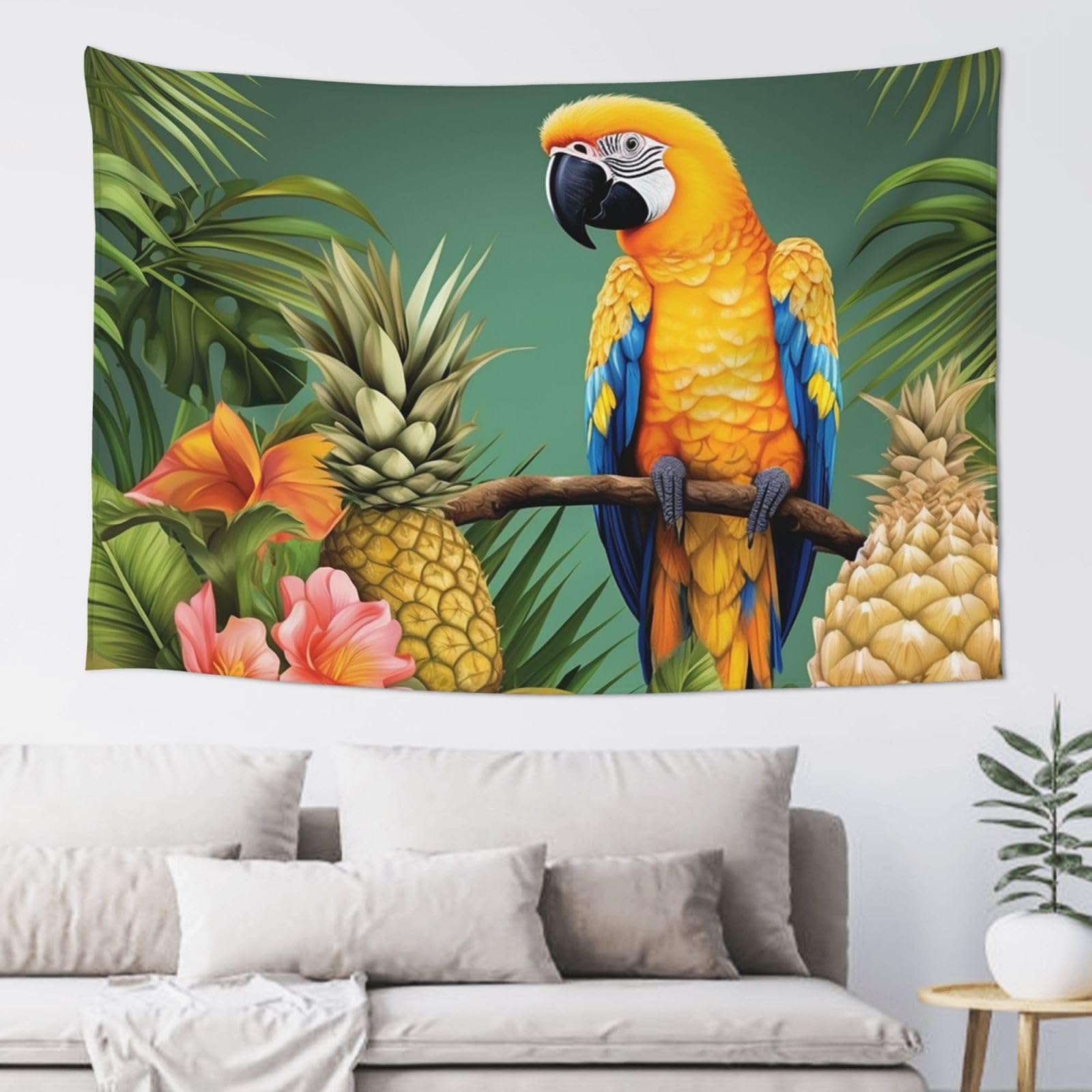 Fodpand Black Summer Parrot Pineapple Bird Tapestry Dorm Decor, Wall Backdrop Aesthetic Tapestries Hanging Banner For Bedroom, Modern Wall Art Poster Blanket, Home Decor Wall Tapestry 60"X40"