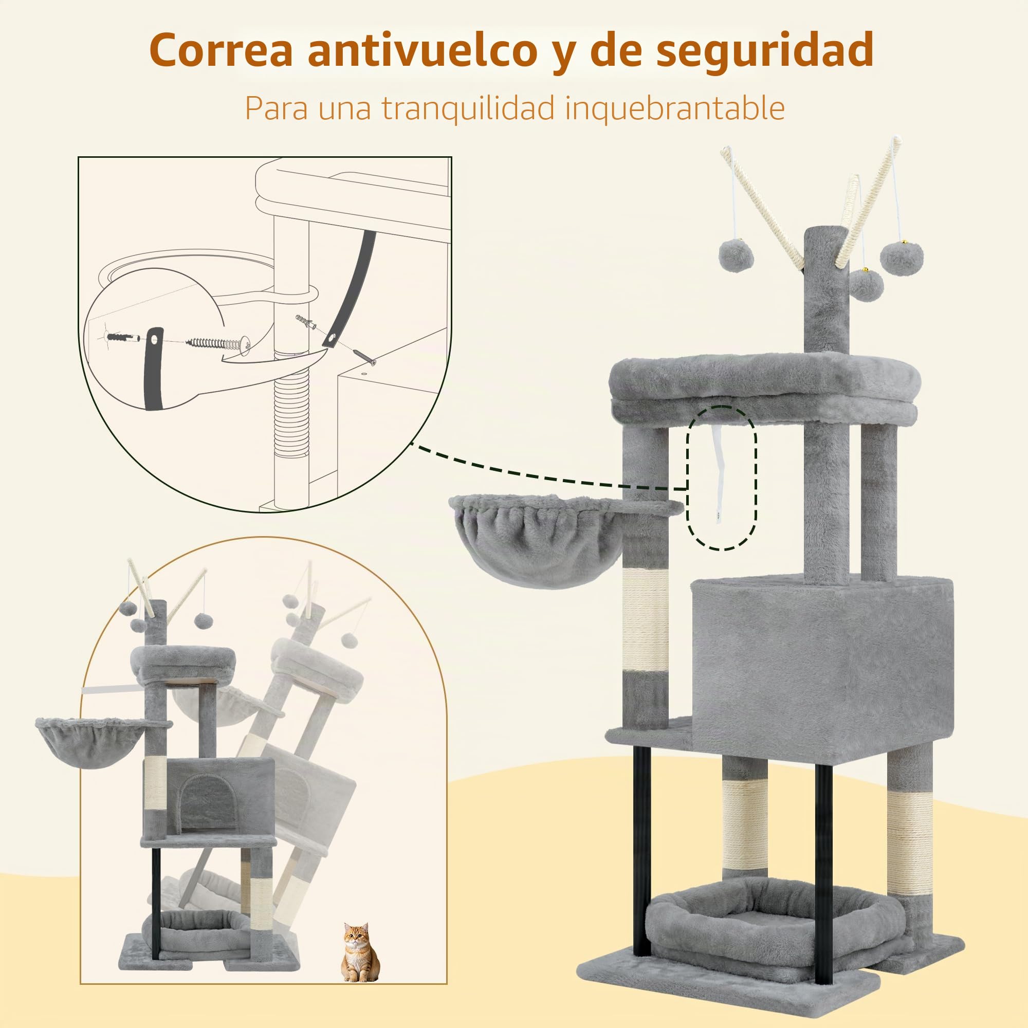 Heybly Árbol para Gatos de 115 cm, Torre para Gatos con Plataforma Grande, Cesta Colgante y Cueva, Postes Rascadores de Sisal, Pelotas Colgantes y Cojines Desmontables, Gris Claro HCT202SW