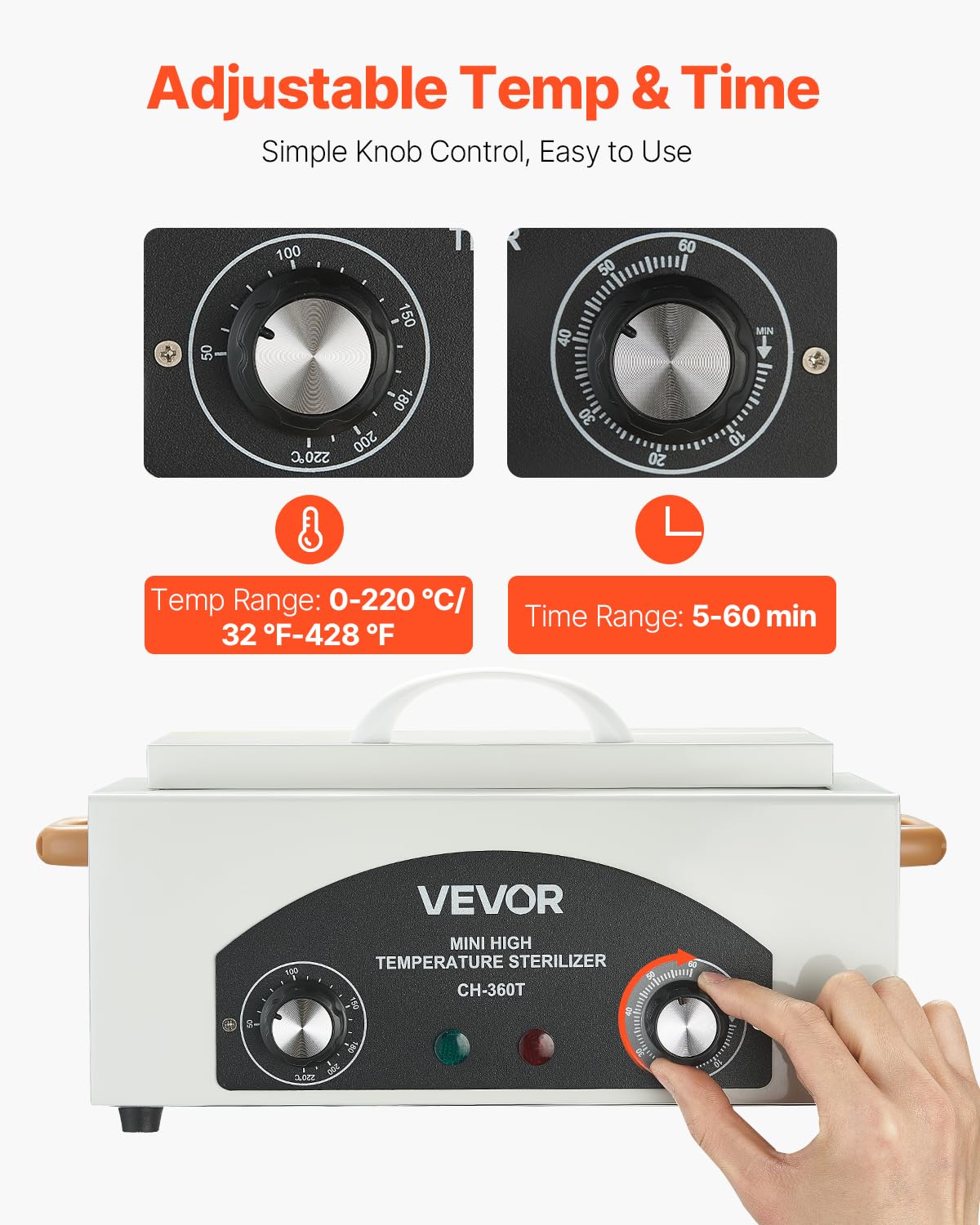 VEVOR Stérilisateur à Air Chaud 2 L 300 W, Boîte de Désinfection à Haute Température, Température et Durée Réglables, pour Nettoyage des Outils d'Onglerie, Labo, Maison, Salon de Manucure et de Beauté