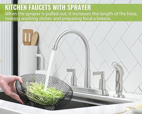 Miniatura 2 de Grifo de cocina con pulverizador, grifo de fregadero de cocina de acero inoxidable de níquel cepillado con rociador lateral, grifo de 3 agujeros o 4