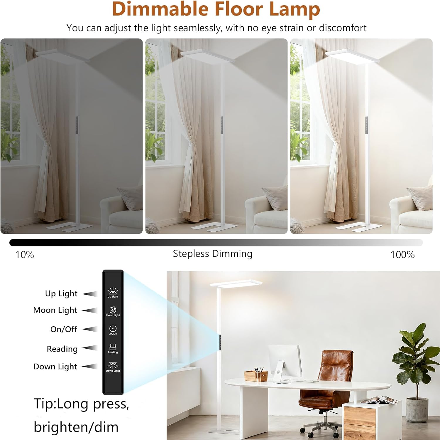 108W LED Floor Lamp, 8300LM Bright Full Spectrum Eye-Care Reading Lamp, 77" Tall Touch Dimmable Standing Light, 4000K Natural Daylight for Living Room, Study Room, Office, CRI>98, White