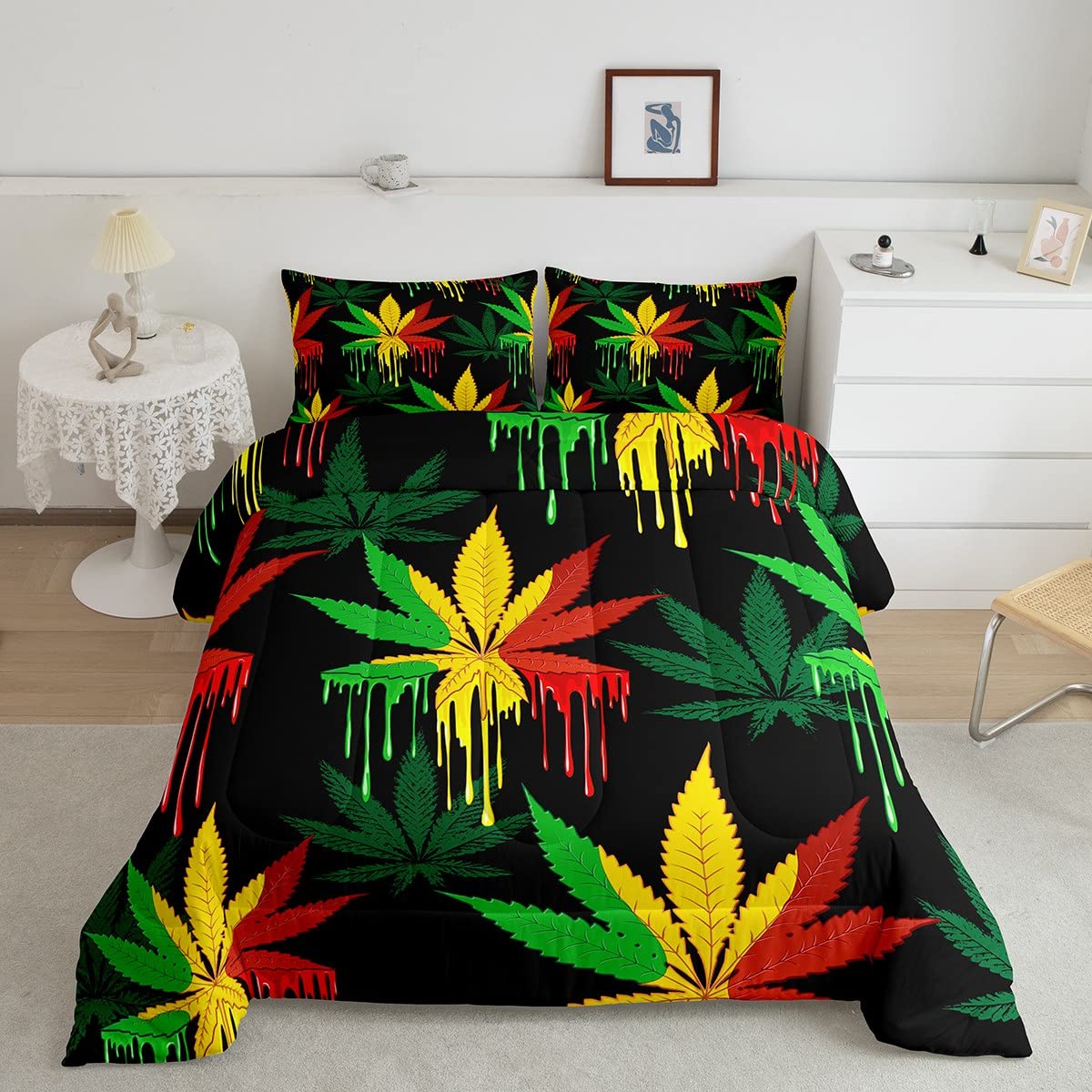 Marijuana Weed Leaf Duvet Teens Cannabis Leaves Bedding Set Boys Colorful Marijuana Leaf Comforter for Men Adults Bedroom Decor Bright Leaves Pattern Duvet Set Black Quilt Set Double Size