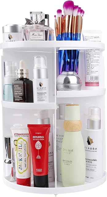 MaoXinTek Makeup Organiser, Cosmetic Storage Display Case 360 Degree Rotating Adjustable Spinning Holder Rack Large Capacity Fits Jewelry,Makeup Brushes, Lipsticks on Vanity, Countertop, White