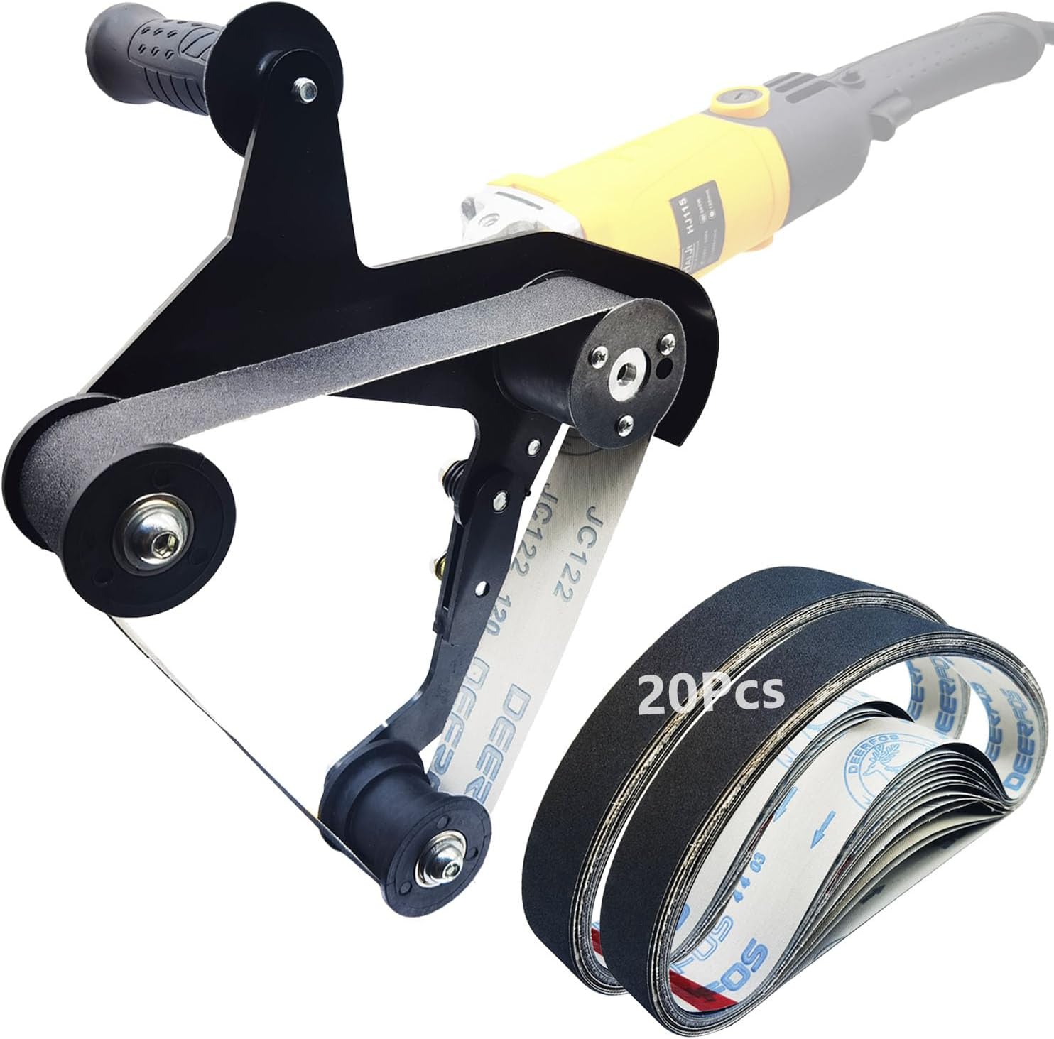 Belt Sander Adapter for Angle Grinder,Pipe Tube Polishing Sanding Attachment, US 5/8-11 Thread,Professional Polishing Tool for Rust Removal,Metal Working,Woodworking (20Pcs Belts).