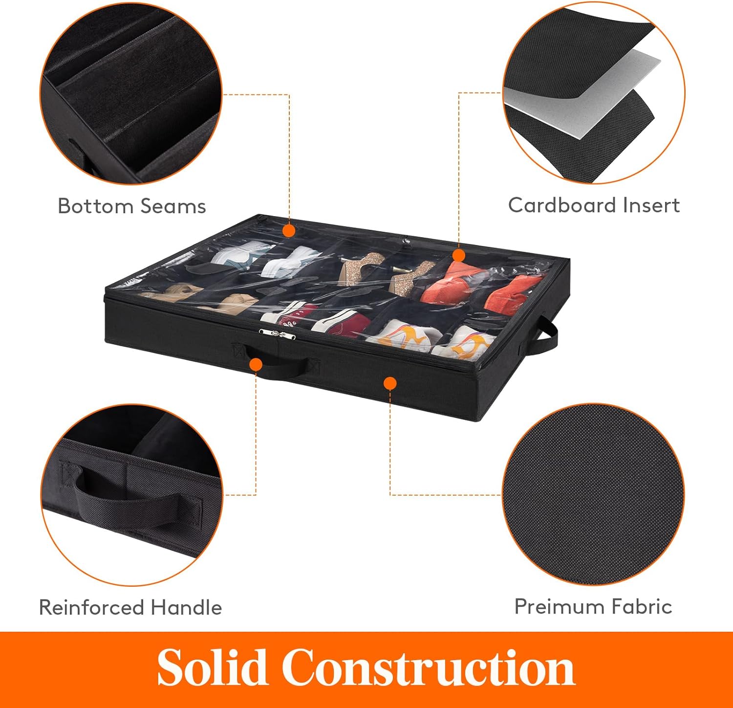 Lifewit Under Bed Shoe Storage Organizer 2 Pack(12 Pairs+4 Pairs), 4.3" Tall Fabric Shoes Container Box, Foldable Closet Shoe Bag with 2 Reinforced Handles and Clear Cover, Black