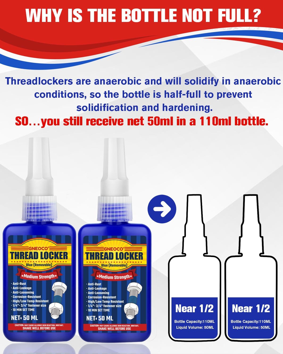 Thread Lock Blue 50 ml x 2, fijador de roscas de resistencia media, bloqueador de roscas para tuercas, pernos, sujetadores y metales, pegamento de tornillo de curado anaeróbico para evitar que