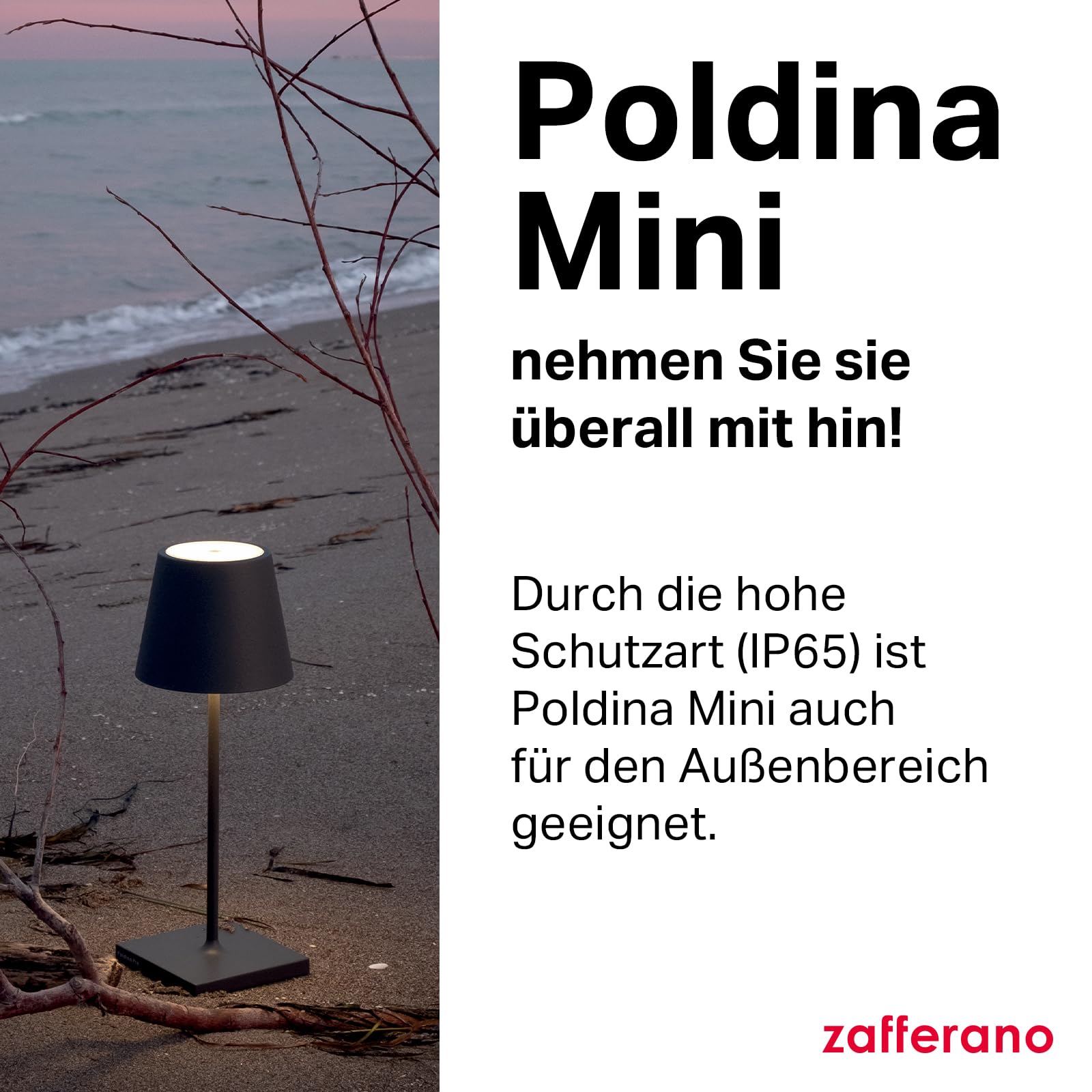 Zafferano, Poldina Pro Mini Lampe, Kabellose, Wiederaufladbare Tischlampe mit Touch Control, Auch für den Außenbereich Geeignet, Dimmer, 2200-3000 K, Höhe 30 cm, Farbe Dunkelgrau