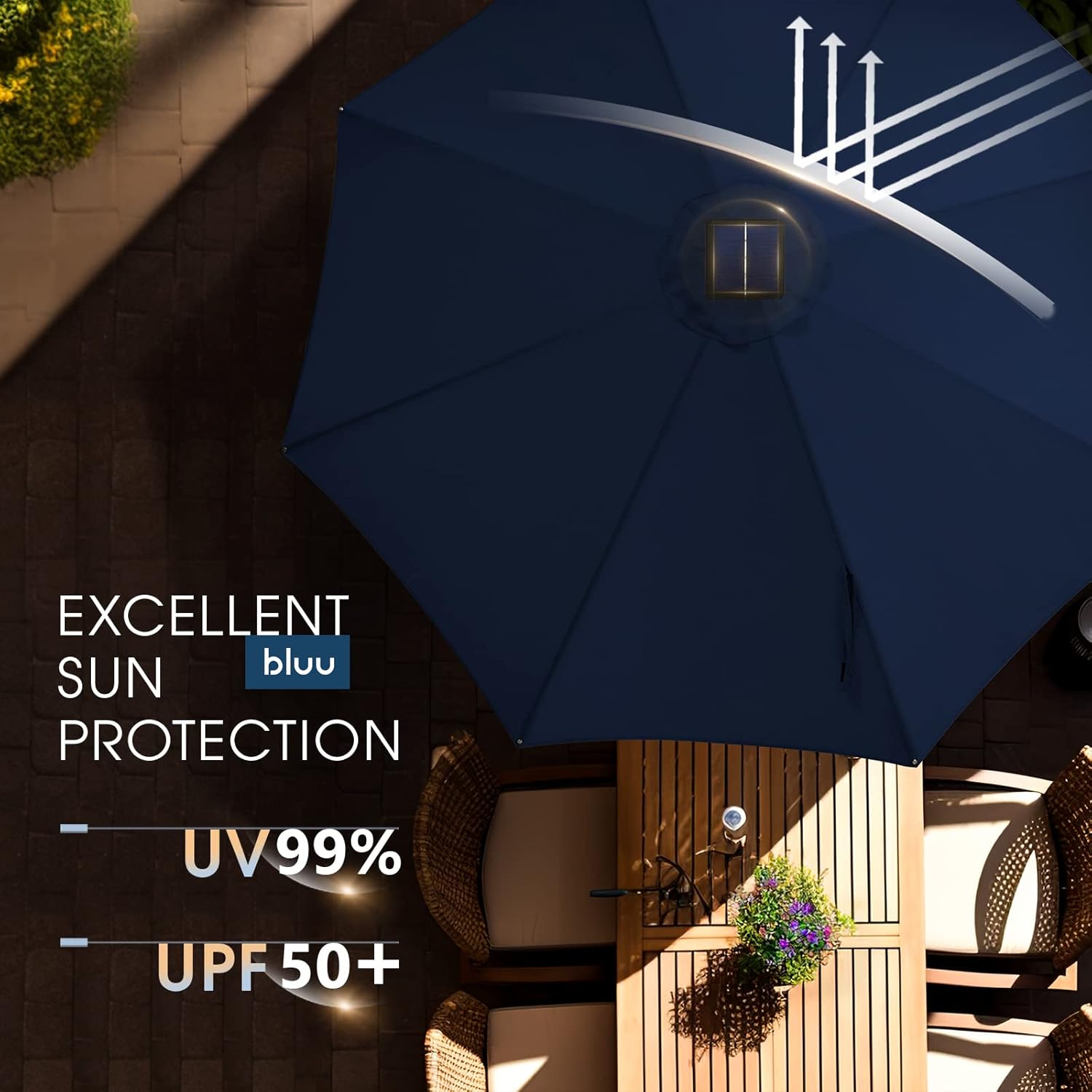 BLUU 10 Ft Patio Umbrella with Solar LED Lights, 5-Year Fade-Resistant Aluminum Outdoor Table Umbrella with Tilt Adjustment and Crank for Pool, Deck, Garden and Lawn, Navy Blue - Image 3