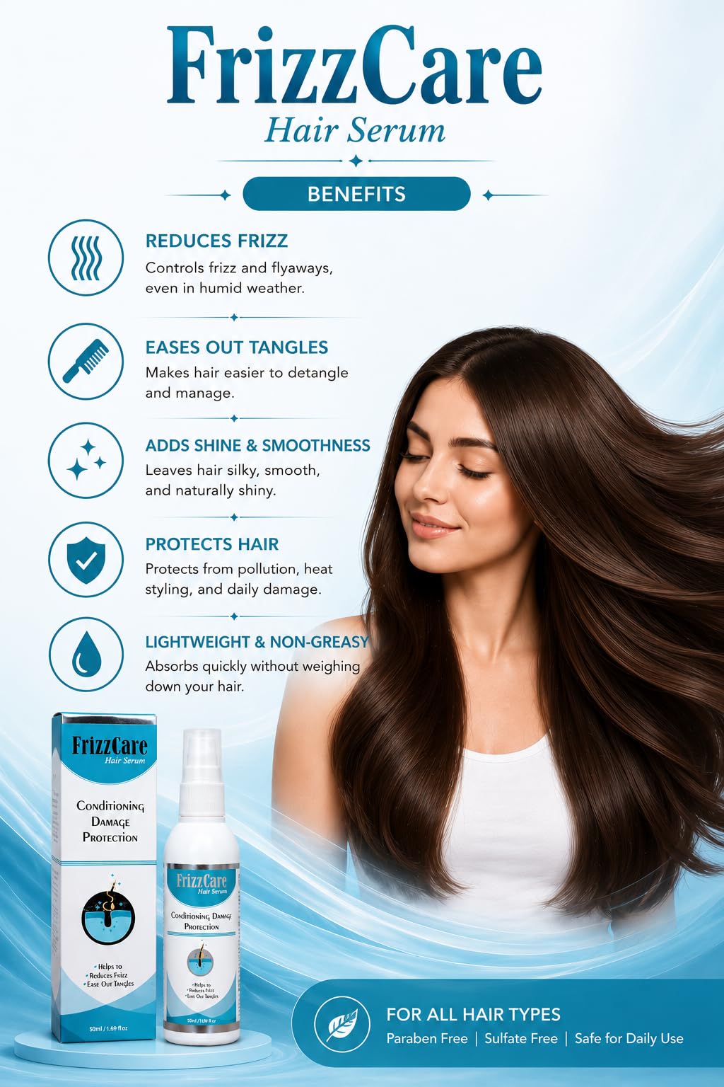 Frizzcare Hair Serum/leave in serum/Reduces Frizz/Ease out tangle/damage protection/Unisex/All Seasons/50ml 2