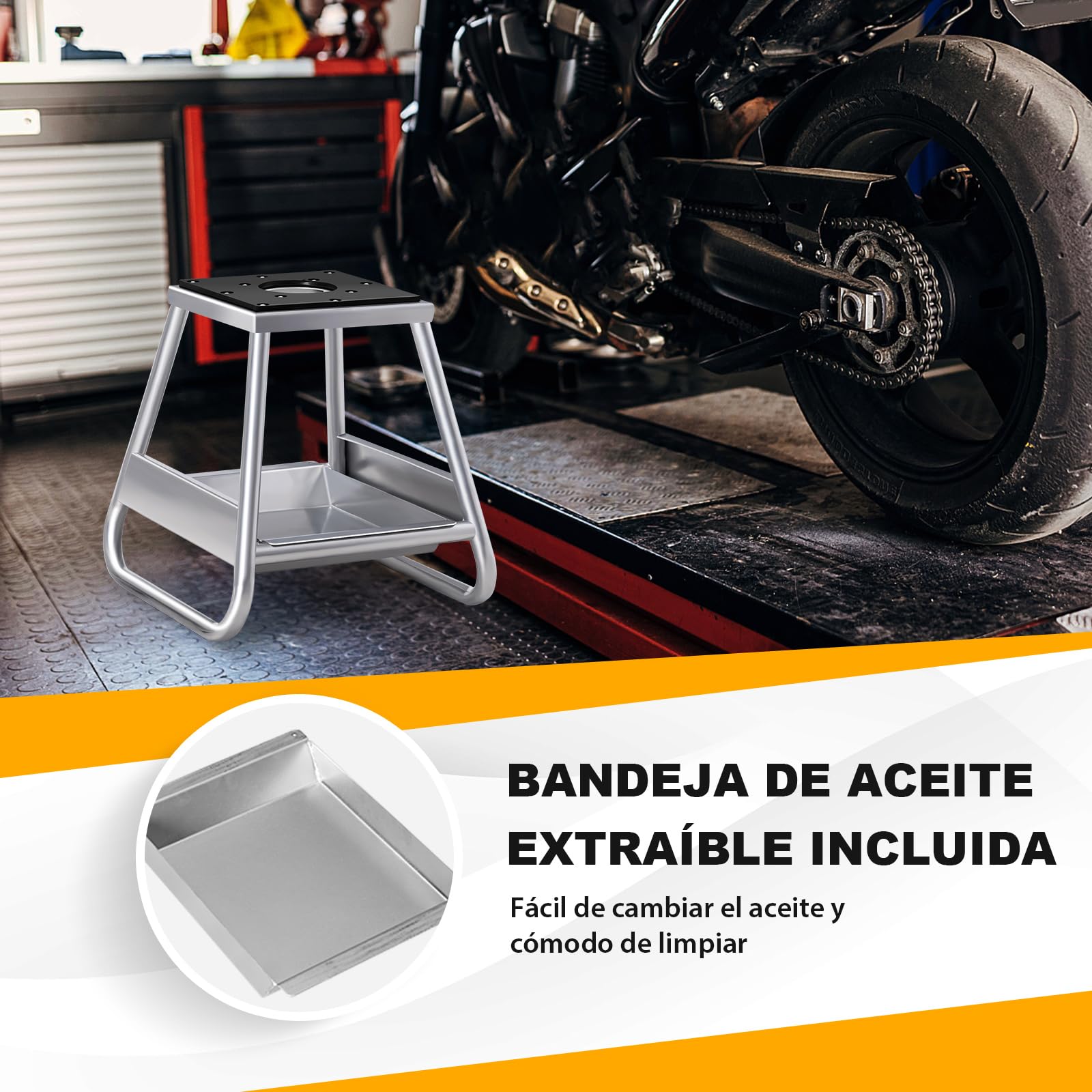 COSTWAY Soporte Elevador de Moto, Elevador Moto de Metal Resistente Con Bandeja de Aceite Extraíble Incluida y Parte Superior Antideslizante, Para Mantenimiento y Reparación, Capacidad de 450 KG