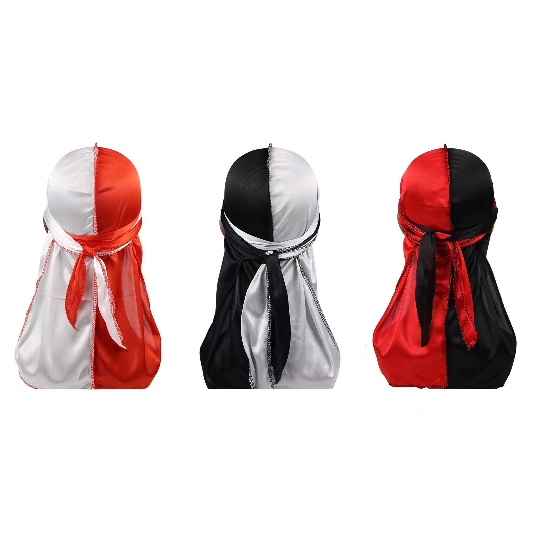 Deepth 3PCS Two Tone Silky Durags Pack Satin Doo Rag 360 Waves with Long Tail Wide Straps for