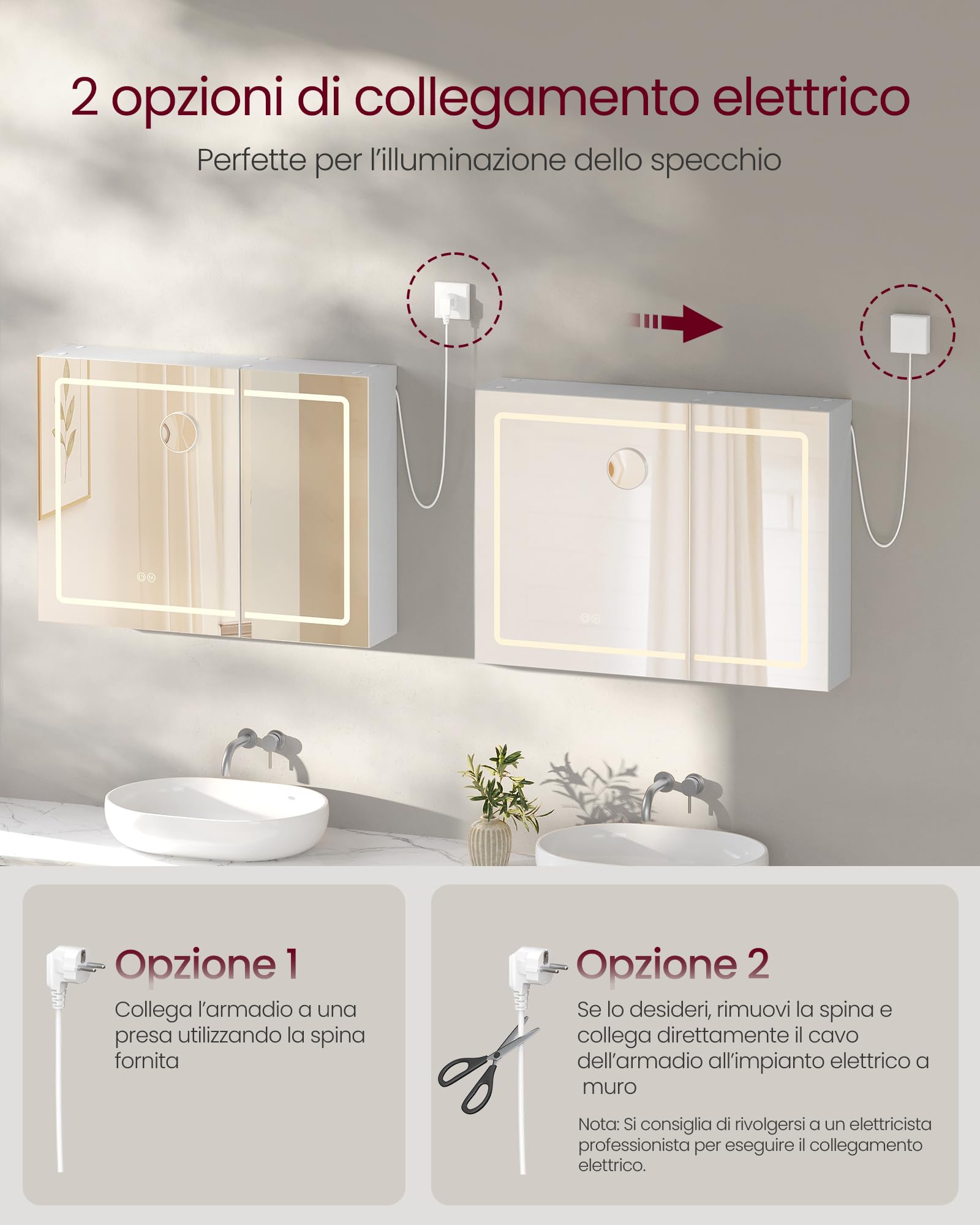 VASAGLE Kailyn Collezione - Armadietto a Specchio da Parete per Bagno con LED, Presa Multipla, Funzione Antiappannamento, Specchio Ingranditore 10x, Stile Moderno, 16,5 x 80 x 60 cm, Bianco BBK134W01