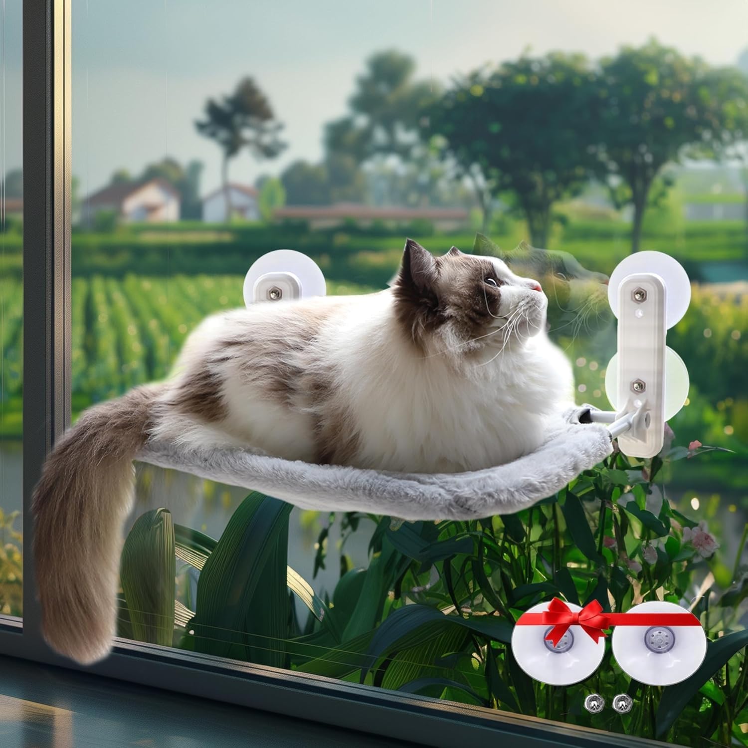 Hamac Chat Fenetre Pliable | Lit pour Chat avec Ventouses Renforcées | Tapis Réversible et Lavable Jusqu'à 18kg | Offert 3 Jouets + 2 ventouses de rechanges (Gris fenetre)