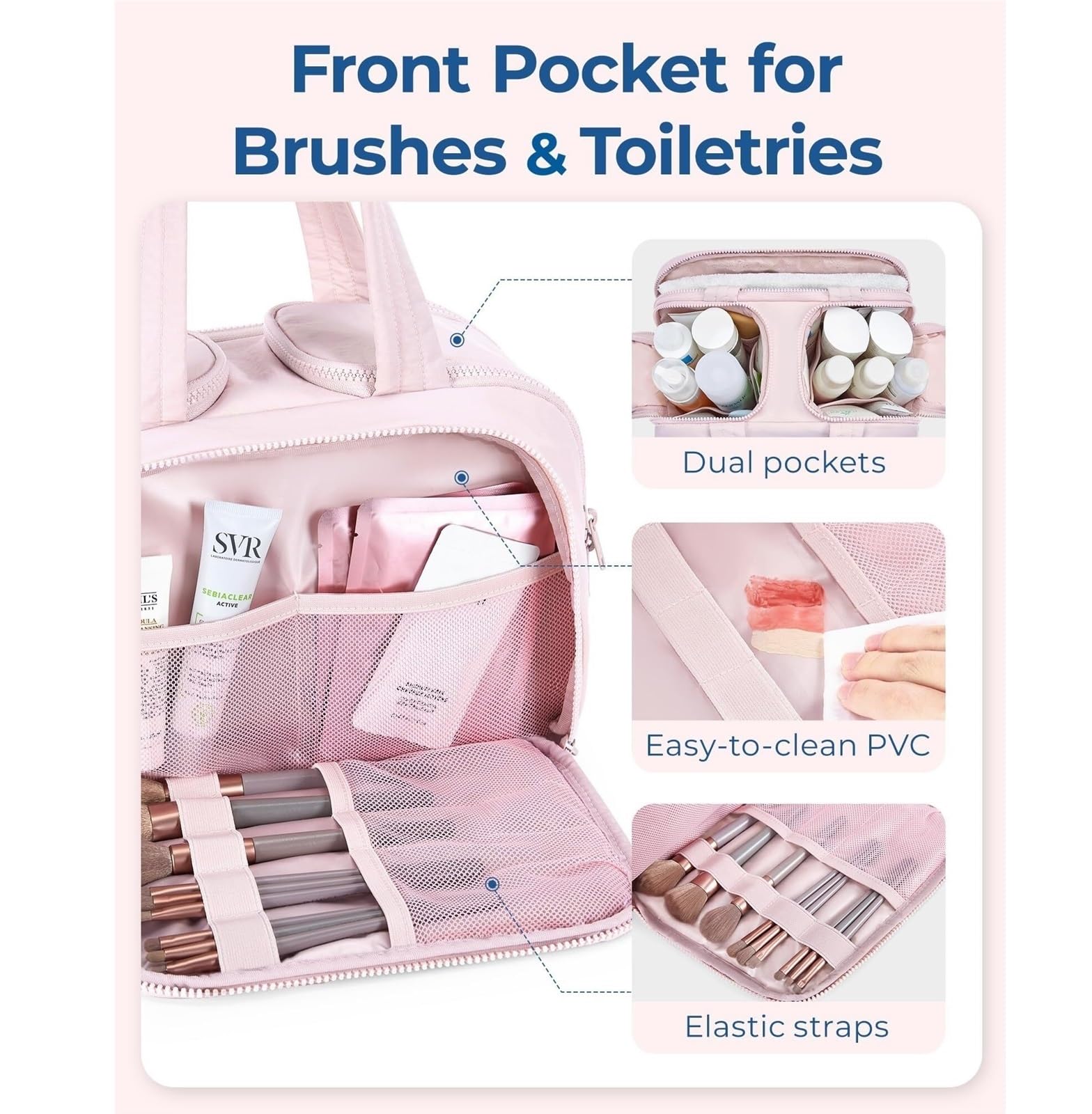 Trousse Maquillage Trousse De Toilette Trousse De Toilette De Voyage, Sac De Voyage Léger, Trousse De Maquillage Cosmétique Moelleuse, Sac De Rangement Avec Poignée Pochette Maquillage Femme(Rosa)