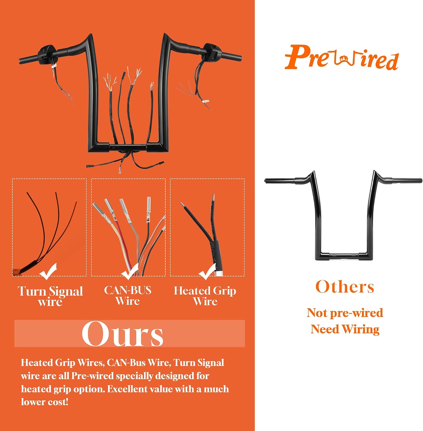 14" Prewired Ape Hangers for Harley Softail/Dyna/Sportster/Road King Model 1996-2006 1 1/2" Fat Meathook Handle Bars with Left & Right Switch & CAN-Bus & Turn Signal & Heated Grip wires, Black