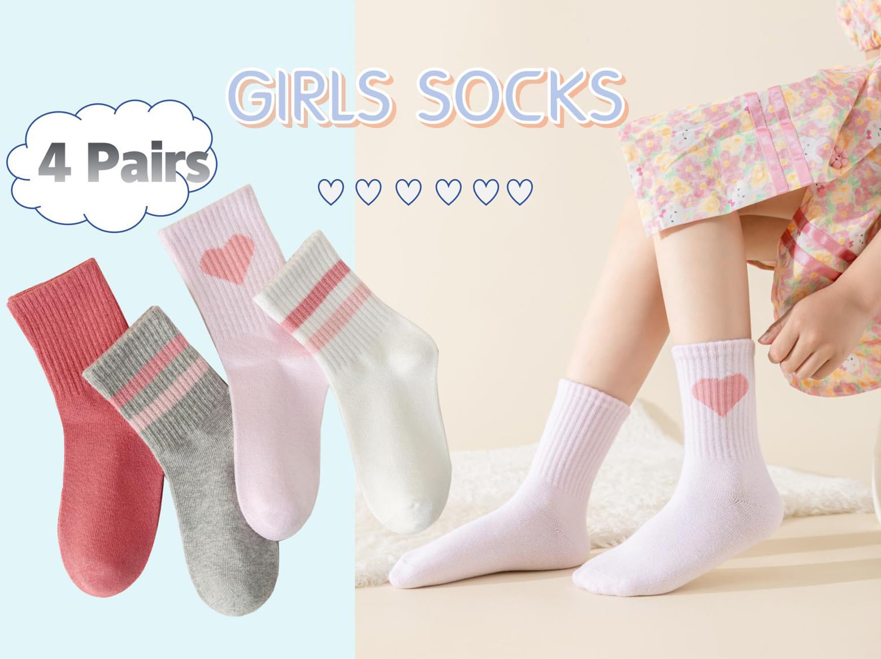 Wamvp Girls Socks Kids Pink Crew Athletic Socks with Hearts Striped 4 Pairs for Children 4-7 Years