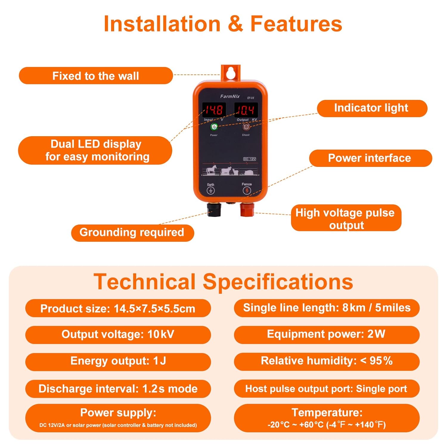 FarmNix 10KV Electric Fence Charger with LED Indicator, 5 Miles Electric Fence 1 Joules Pulse Energy,Waterproof Electric Fence Kit Suitable for Farm Animals,Pets,Poultry,Ranches and Gardens