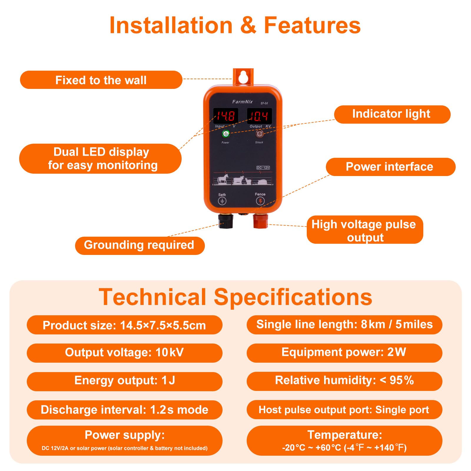 Energizador de Cerca Eléctrica 12V con pantalla LED digital, 1J 230V para alcance 8 KM, para animales pequeños, aves y mascotas, ideal para jardín, granja y pasto