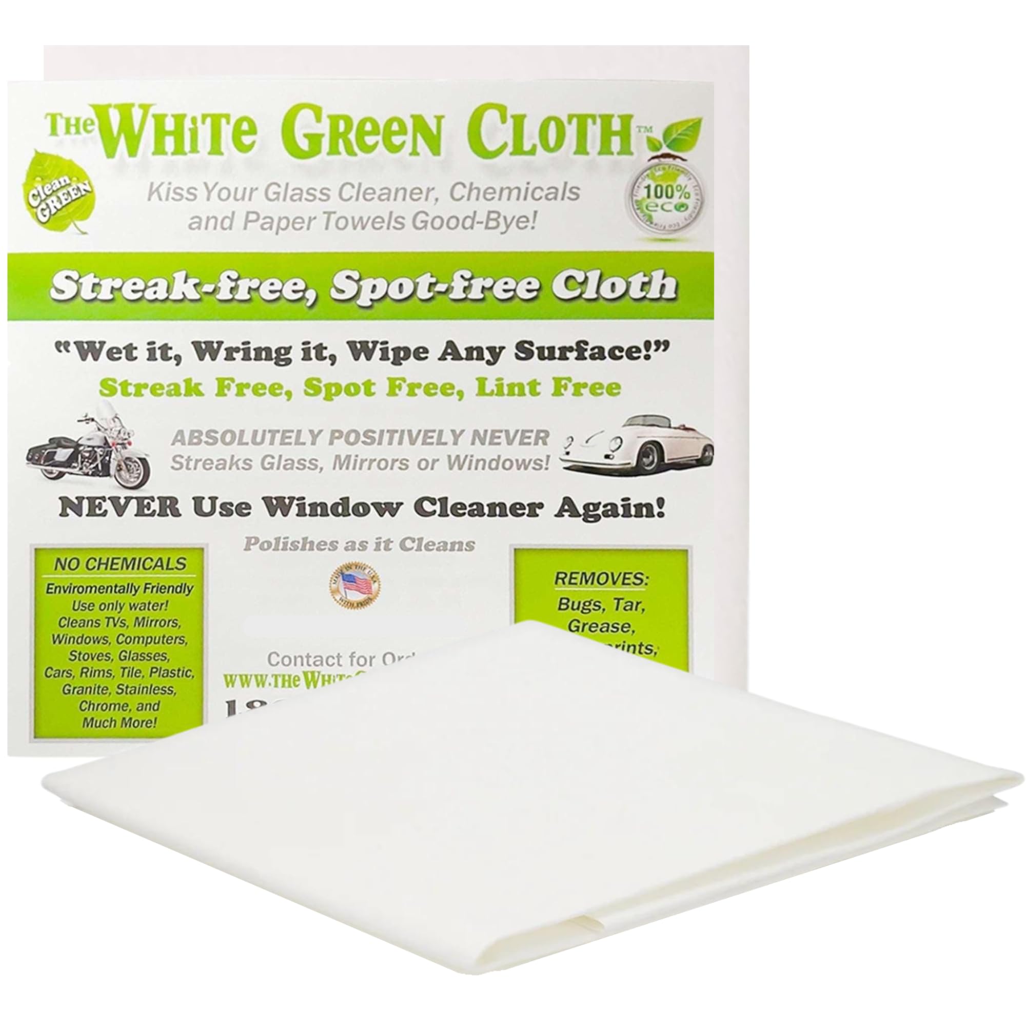 The White Green Cloth 1-Pack Reusable Cleaning Cloth for Streak-Free Windows, Mirrors & All-Purpose Cleaning – Chemical-Free, Absorbent, Non-Abrasive,