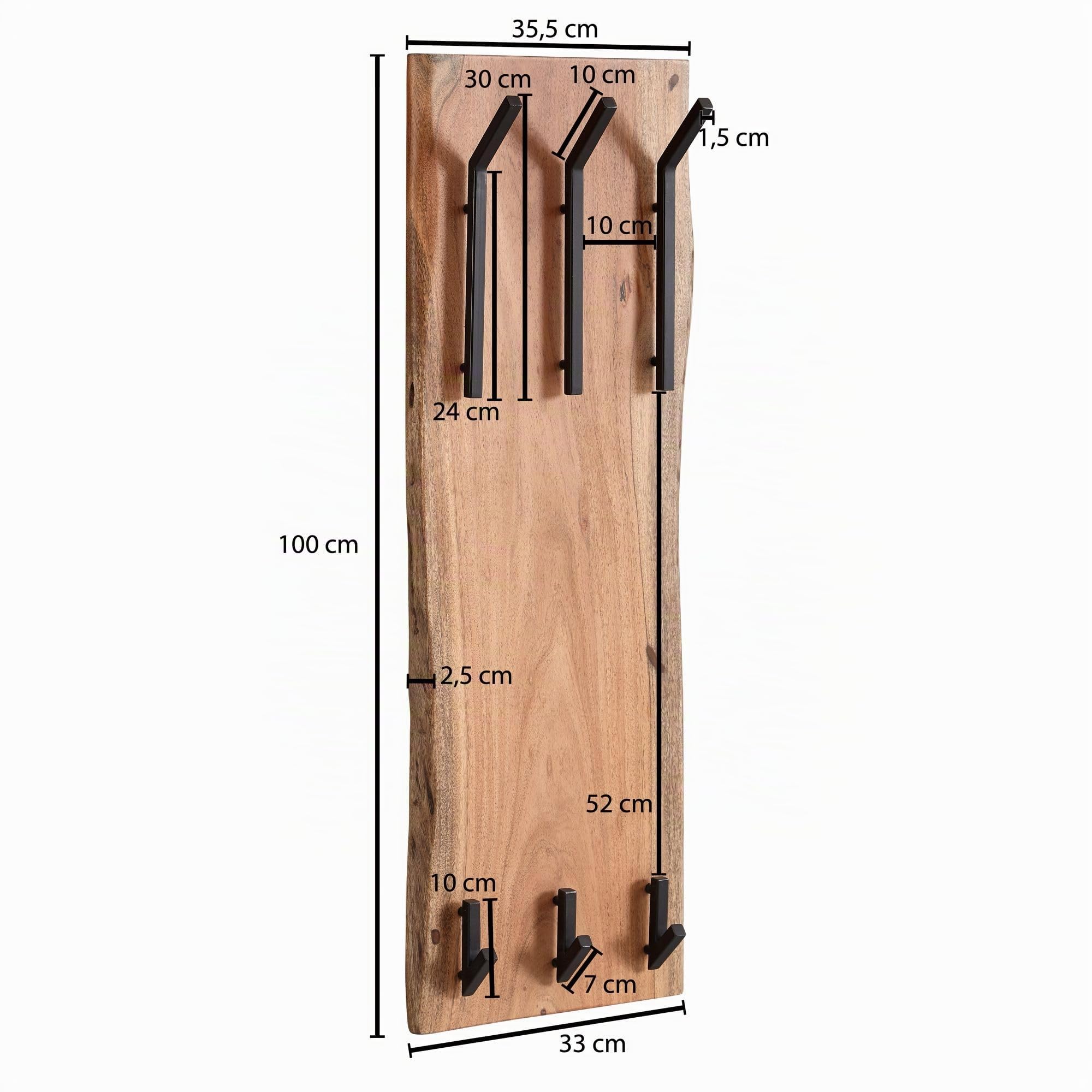 FineBuy Wandgarderobe 35,5x11x100 cm Akazie Massivholz mit Baumkante | Garderobenpaneel mit 6 massiven Kleiderhaken auf 2 Höhen, Garderobenleiste aus Echtholz, handgefertigt