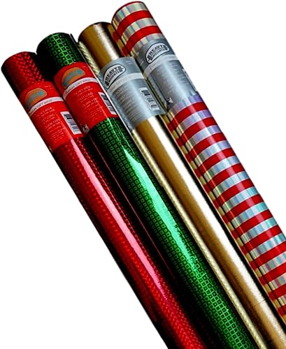 Papel de regalo premium (4 rollos únicos, 100 pies cuadrados en total) Peso pesado brillante metálico colores varían