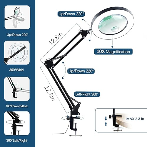Miniatura 6 de Lupa de 15 x y 10 con luz, brazo ajustable real de 4.3 pulgadas con lente de vidrio LED y línea de extensión de trabajo, 3 modos de color regulable