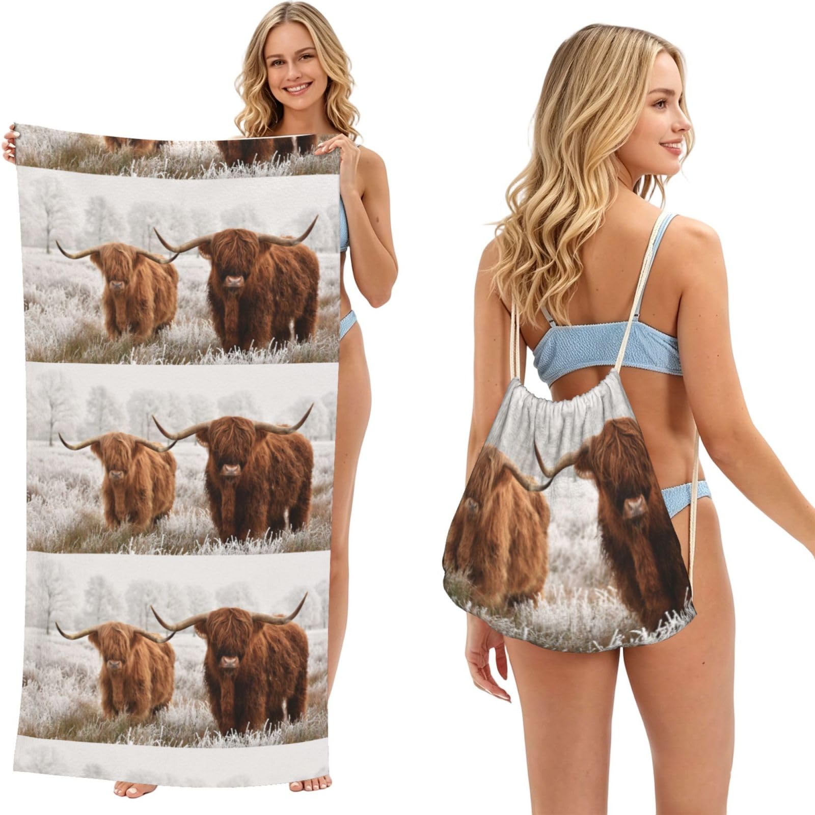 Poadnly As Picture Scottish Cow, 2 In 1 Packable Towel Bag, Beach Towels With Drawstring Backpack For Travel Holiday Camping