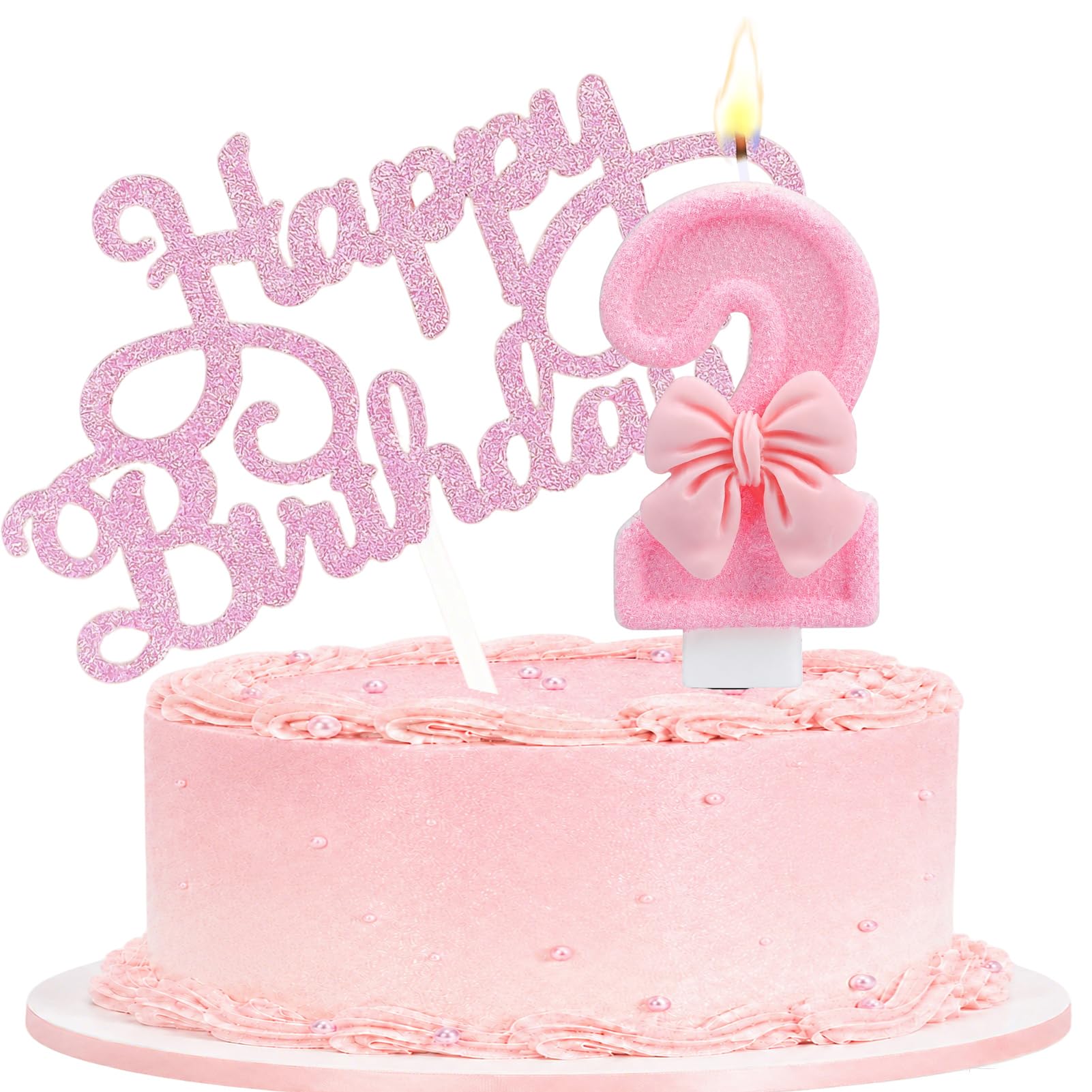 Birthday Candle with Pink Bow Cake Topper for Party, Number 2
