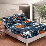 Feelyou Décorations d'Halloween Ensemble de feuille Queen Size Bat Pumpkin Ensemble de lit pour enfants Adolescents Festival des adultes Fantôme Thématique Fitted Feuille Vintage Bleu Ensemble de draps,Aucune feuille supérieure