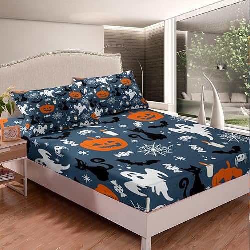 Vista 21 de Juego de sábanas bajeras con bonito diseño de gato negro para niños y niñas, diseño de dibujos animados de Halloween, gato, animales, sábanas