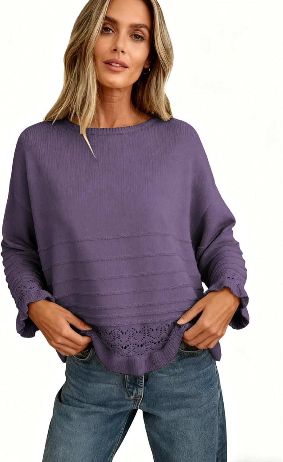 Yeokou Womens Pullover Sweater Round Neck Ruffled Hem Knit Crochet Long Sleeve Winter Spring Casual Top Outfits - Image 2