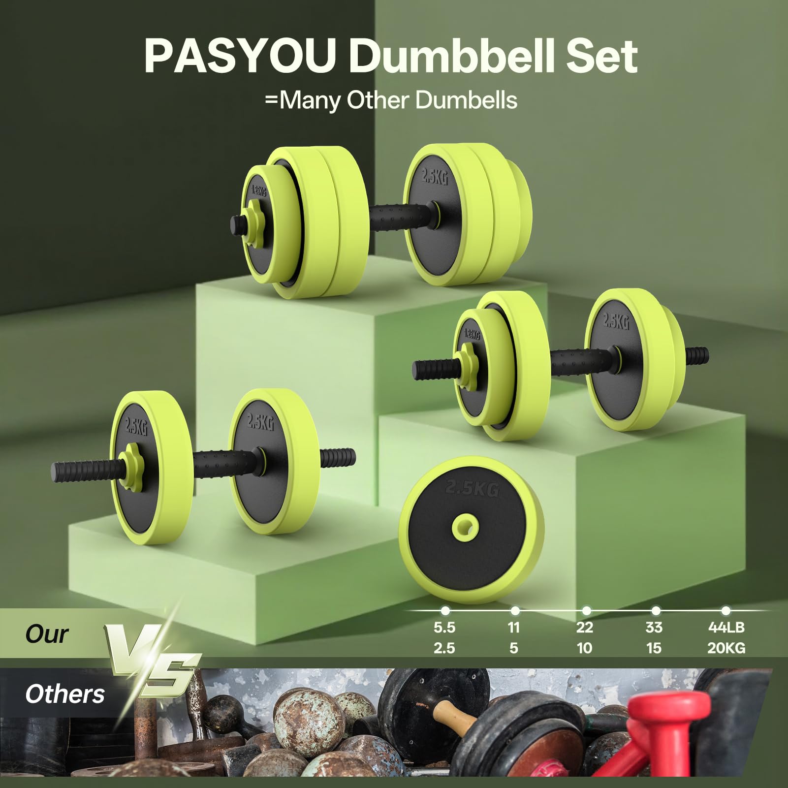 PASYOU Regulowane zestawy hantli, zestaw hantli 4 w 1 ze złączem, ciężarki treningowe używane jako sztanga kettlebell push up stojak Ab Roller do treningu, siłowni, domu, fitnessu