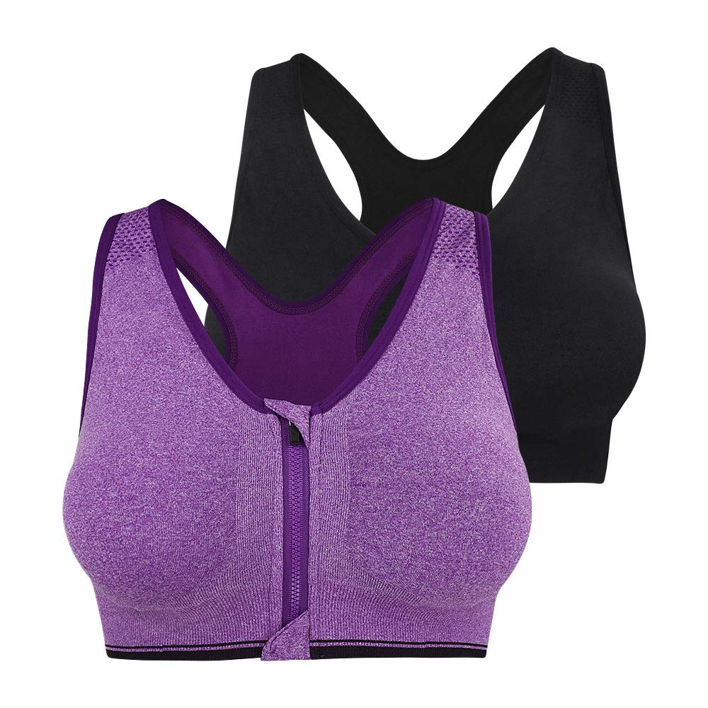 Fapreit Women's Zip Front Closure Sports Bra - Seamless Wirefree Post Surgery Bra Padded Racerback Workout Gym Yoga Bras