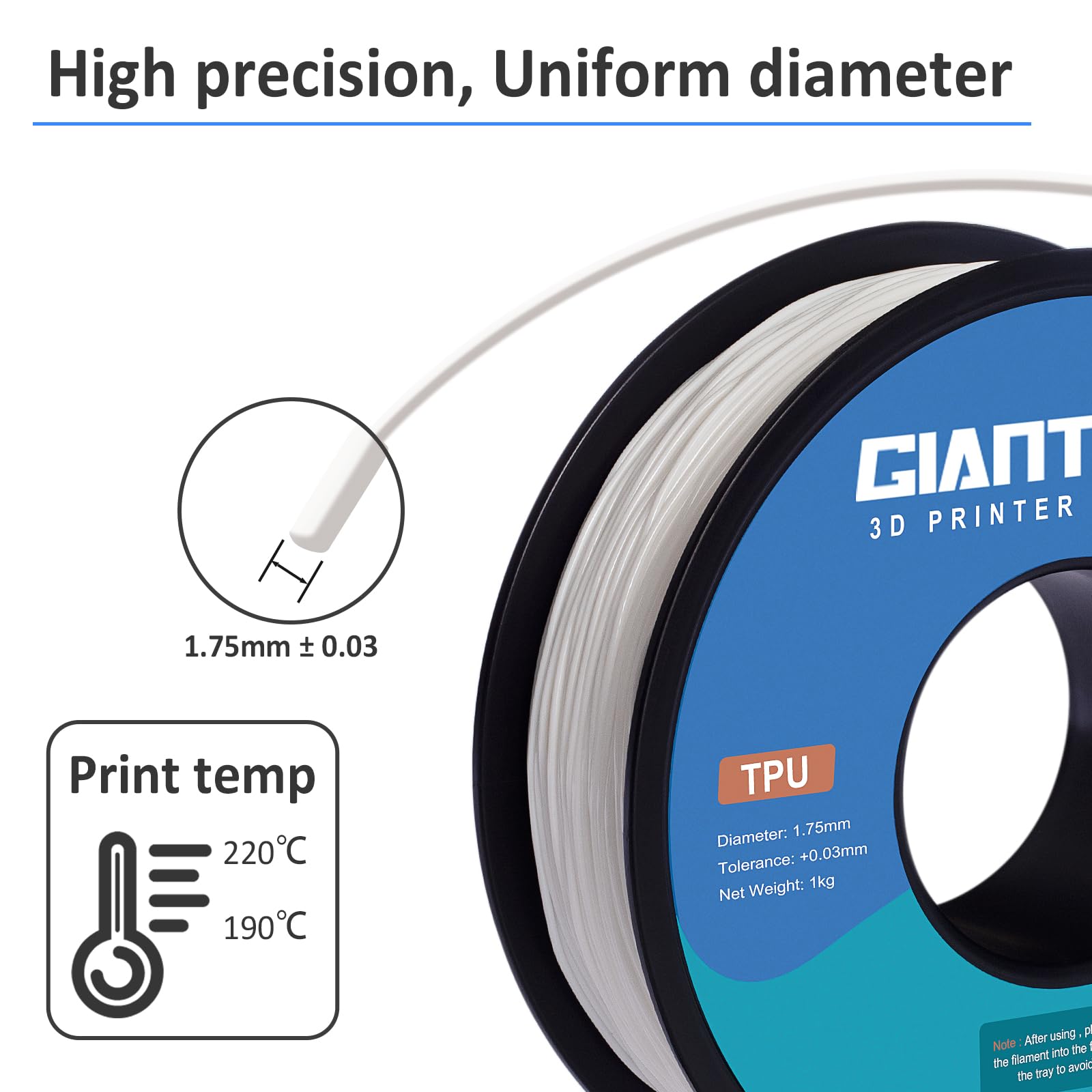 GIANTARM Filament TPU souple 1,75 mm consommables pour imprimante 3D Blanc 95 A Bobine de 1 kg Précision dimensionnelle +/- 0,05 mm