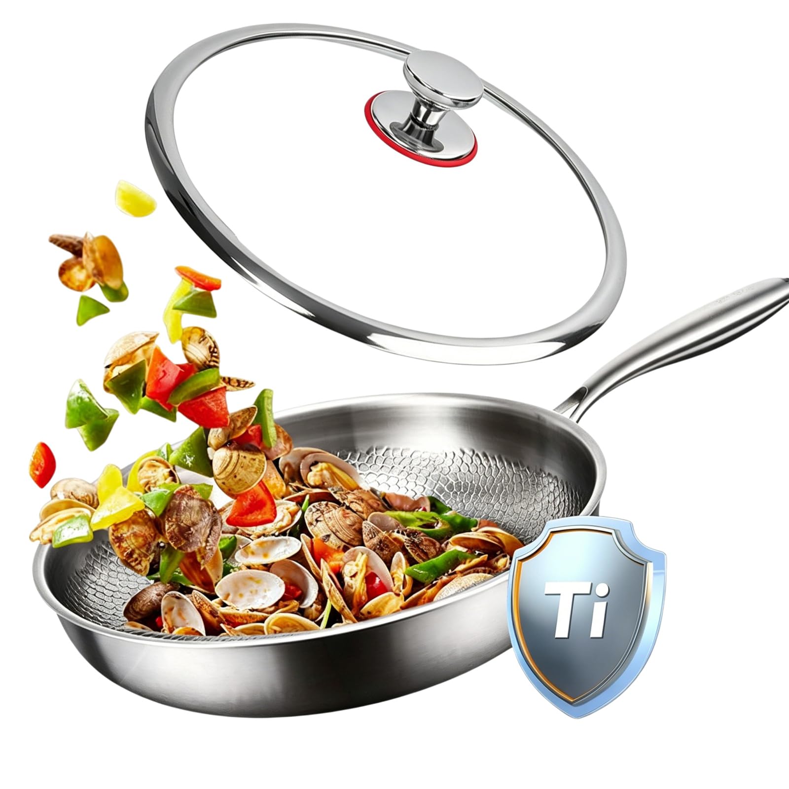 Poele Titanex,2026 Neu PoêLe Titane Pur Avec couvercle, 26/28/30 AntiadhéSive, Compatible Induction & Tous Feux, Surface MarteléE RéSistante Aux Rayures，30cm