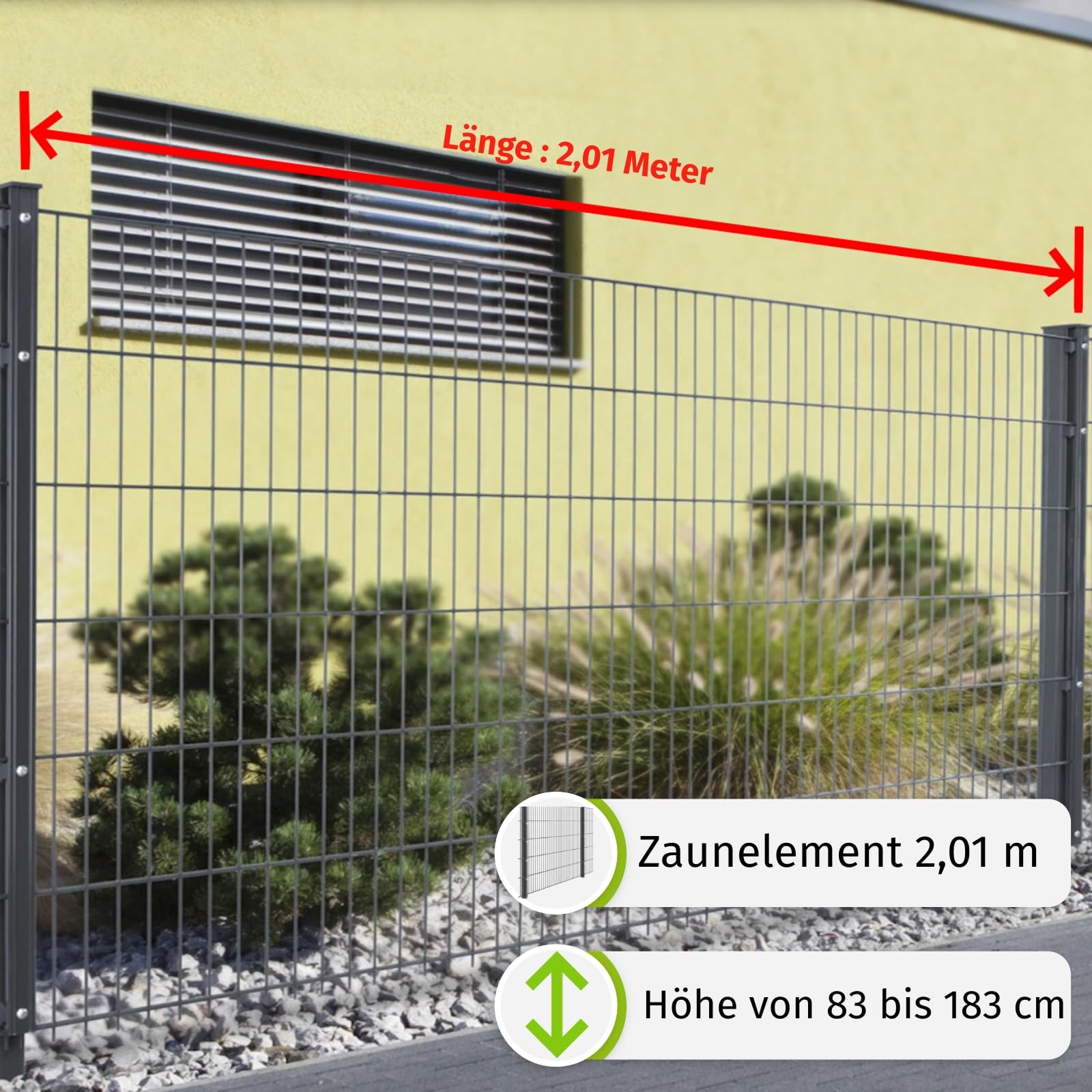 HORI Doppelstabmattenzaun Drahtstärke 6/5/6 mm Komplettset - je Gittermatte 201 cm - wahlweise mit Eckpfosten - verschiedene Längen und Höhen - Farbe Anthrazit Höhe 123 cm, Länge 2 m