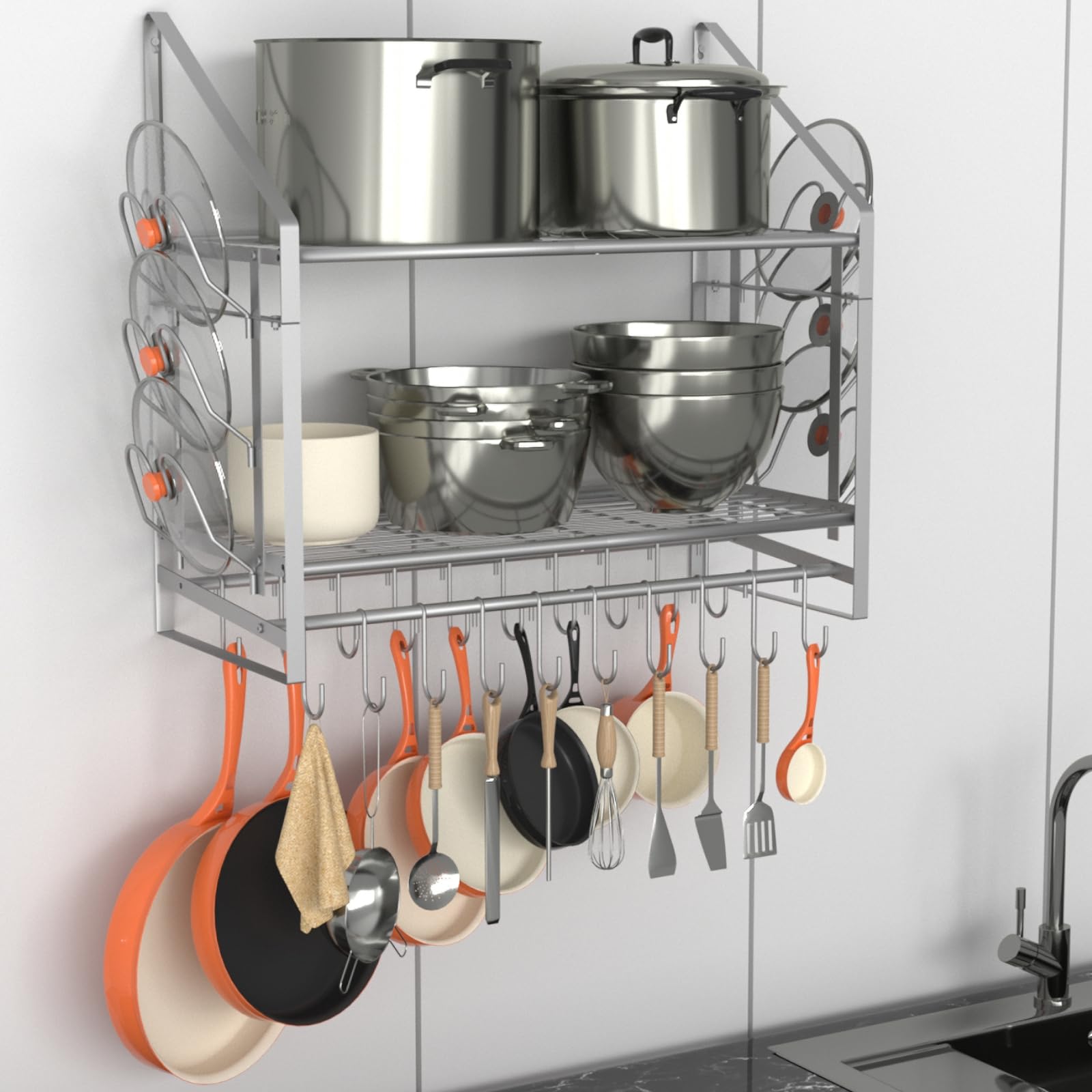 Photo 1 of VyGrow 28 Inch Pot Rack Wall Mounted, 2 Tier Pots and Pans Organizer with 20 Hooks and 6 Pot Lid Holders, Heavy Duty Steel Pot and Pan Hanger for Kitchen Cookware Utensils Storage, Silver