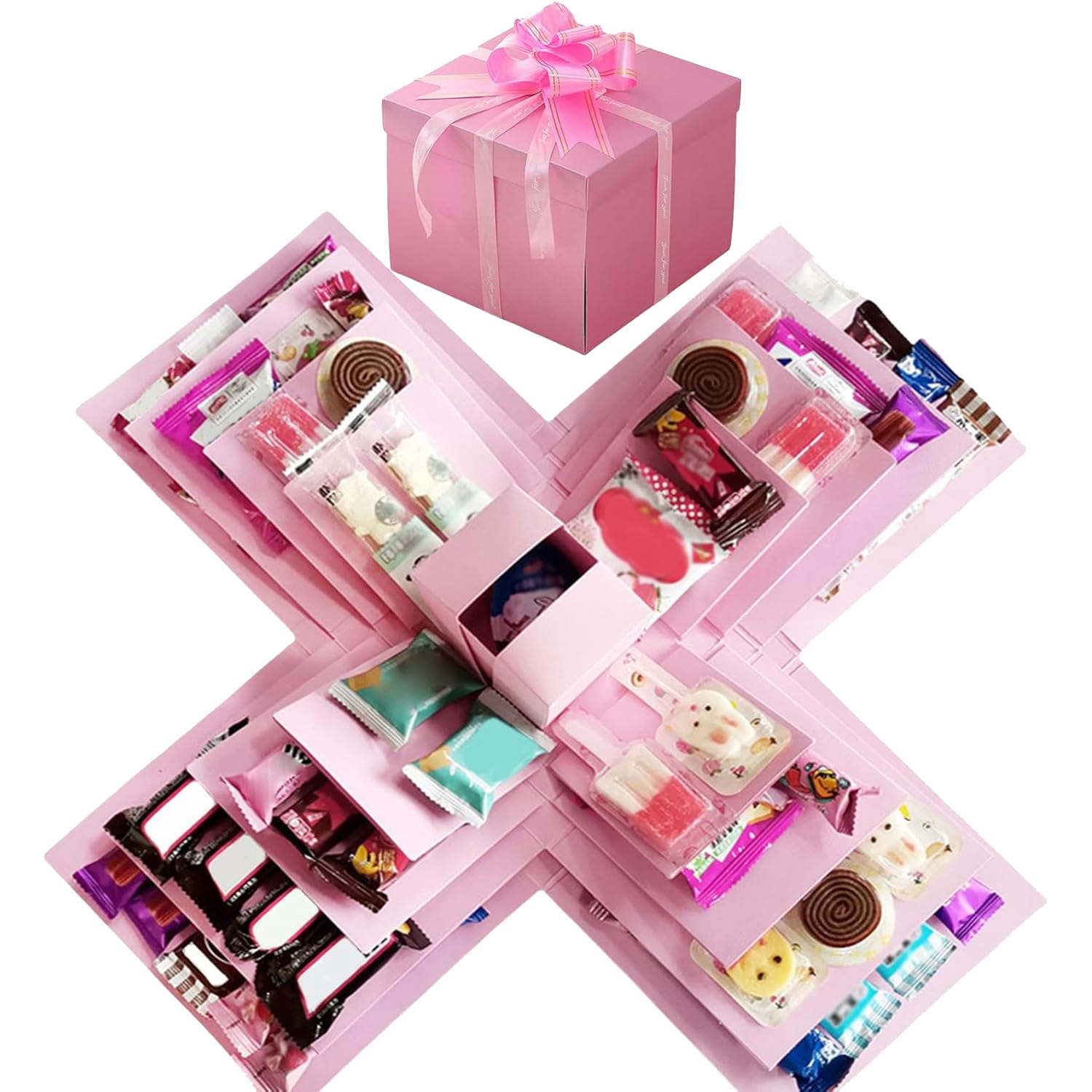 DIY Explosion Gift Box, 5 Layer Snack Explosion Box with Ribbon, Scrapbooking Boxes, Photo Album, Photo Gifts, Creative Surprise Pop Up Boxes for Birthday, Christmas, Wedding, Anniversary (Pink)