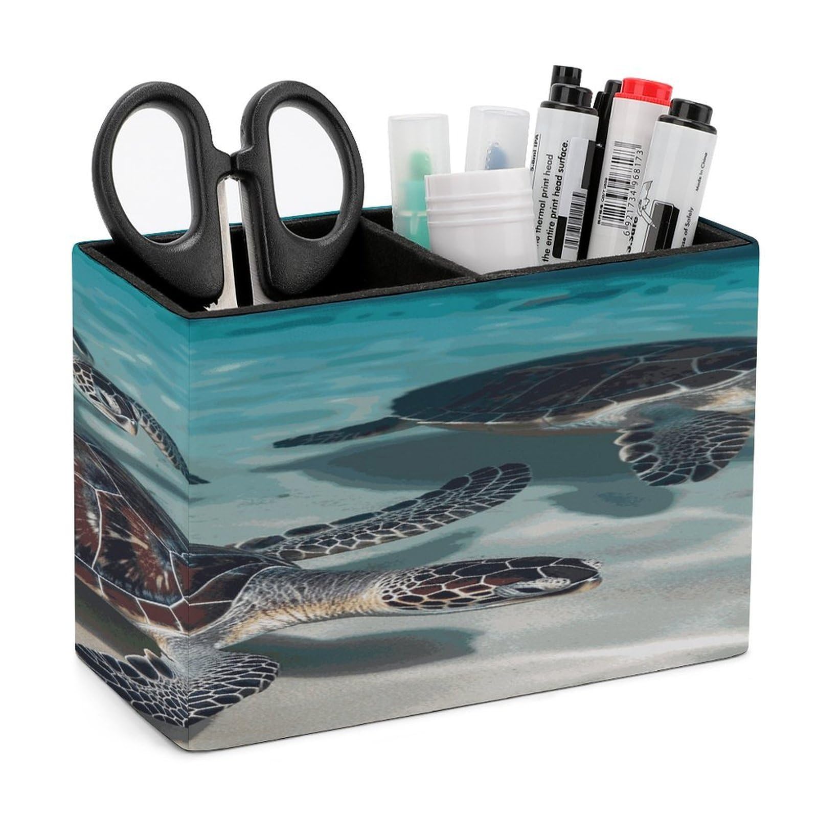 LDGSUPH Sea Turtles Leather Pen Holder for Desk Organizer Caddy Large Pencil Cup Multi-function Pencil Holder Makeup Brush Holders Pen Organizer for Home Office Storage Box