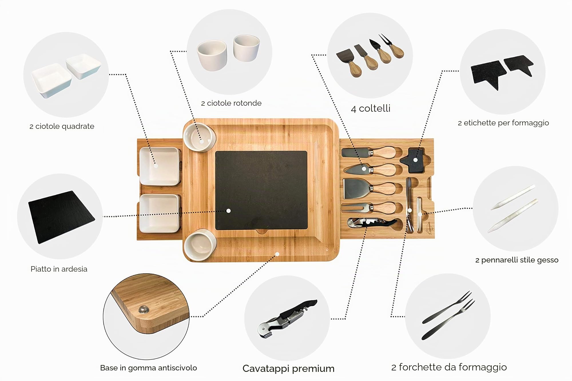 Tagliere in Bambù per Formaggi e Set di Coltelli, Ciotole di Ceramica e Apribottiglie – Tagliere Salumi Legno, Ideale per Serate Gourmet, Regali di Compleanno, Nozze, Mamme