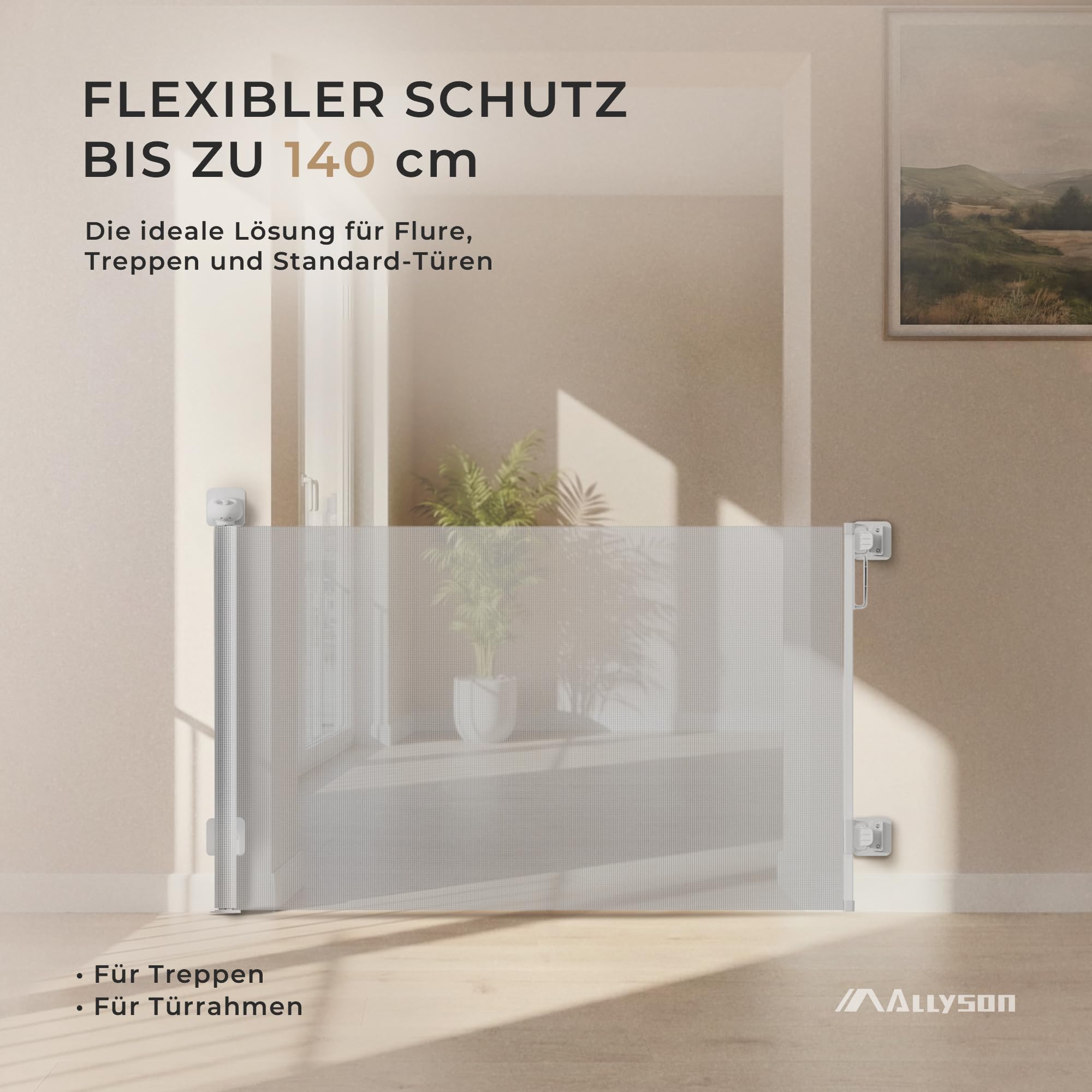 Allyson Treppenschutzgitter Ausziehbar, Türschutzgitter bis 140 cm, Kinderschutzgitter 84 cm Höhe, Verstellbar & Stabil – Weiß