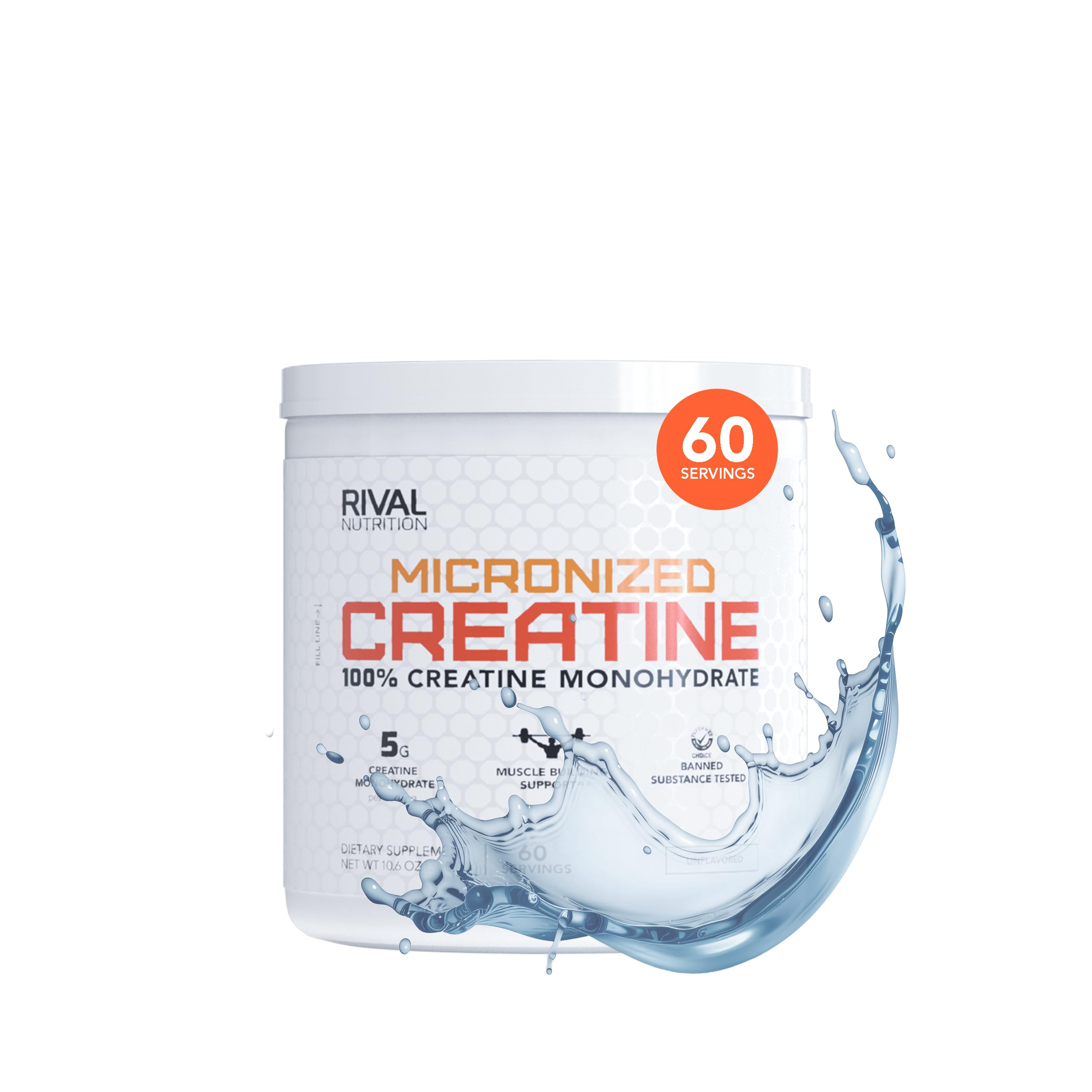 Rival Nutrition Creatina monohidratada micronizada em pó, 5 g por porção, 60 porções