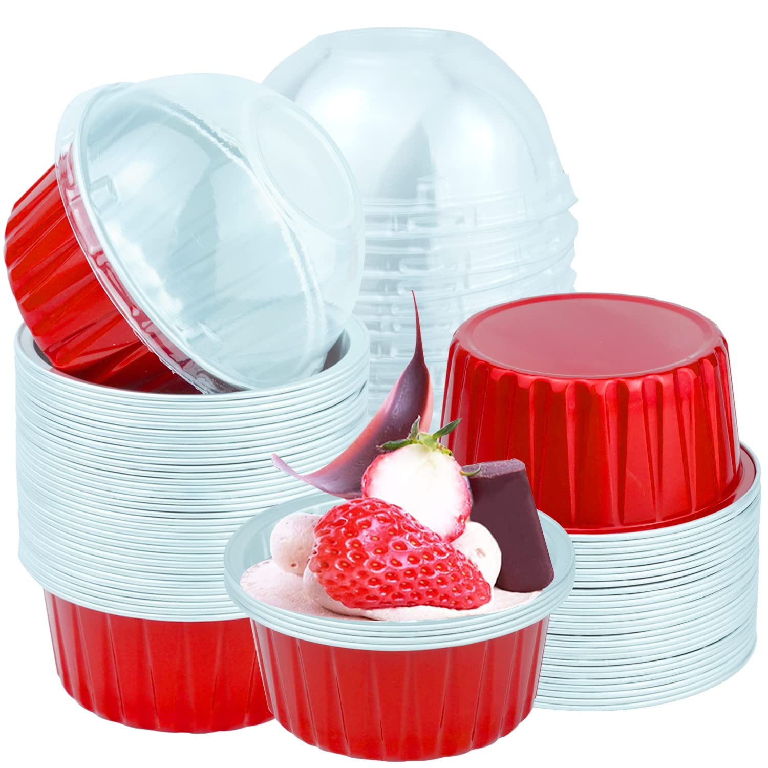 ALLRI Cupcake Liners Baking, 50 Cups Cupcake Liners with Lids 5oz Aluminum Foil Baking Cups Muffin Tin, Disposable Cupcake Holders Tin Baking Cups for Pudding, Baking Cups for Muffins Desserts