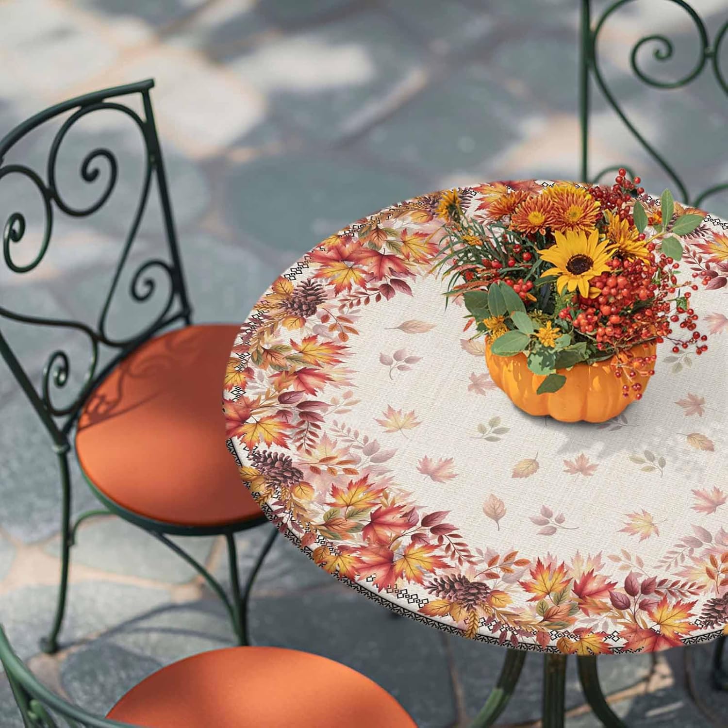 Elastic Edged Waterproof Tablecloth Fall Fit Round Tablecloths Maple Leaves Wipeable Picnic Table Cover for Thanksgiving Dinner Holiday Autumn Patio Fitted Table Cover up to 36"- 44" Round Tables